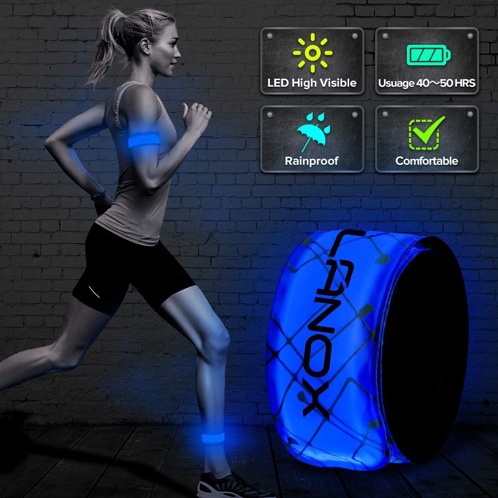 ELANOX LED Blinklicht LED x Sport 2 blau Outdoor Armband mit Batterie Sicherheitslicht Leuchtband Reflektorband