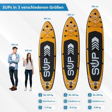 24Move SUP-Board Supboard Set, Premium Stand Up Paddleboard aufblasbar, inkl. Zubehör, Longboard, (Rucksack, Paddel, Action Cam ready, Doppelhub Pumpe, Sicherungsleine, 6 tlg., für Kinder & Erwachsene, ORANGE, 320x76, bis 180 kg), mit Drop Stich Technologie und Anti-Rutsch Oberfläche