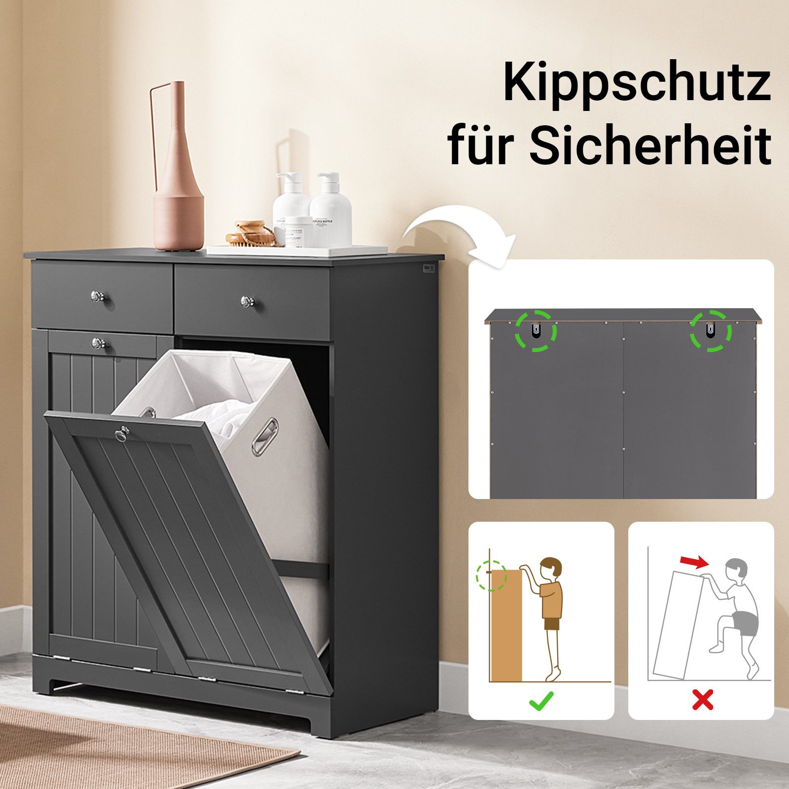 SoBuy Wäscheschrank BZR33, Badezimmerschrank mit Wäschekorb, Wäschesammler, Wäscheschrank mit 2 Schubladen & 2 Wäschekippern, 90L großer Kapazität, Badezimmer