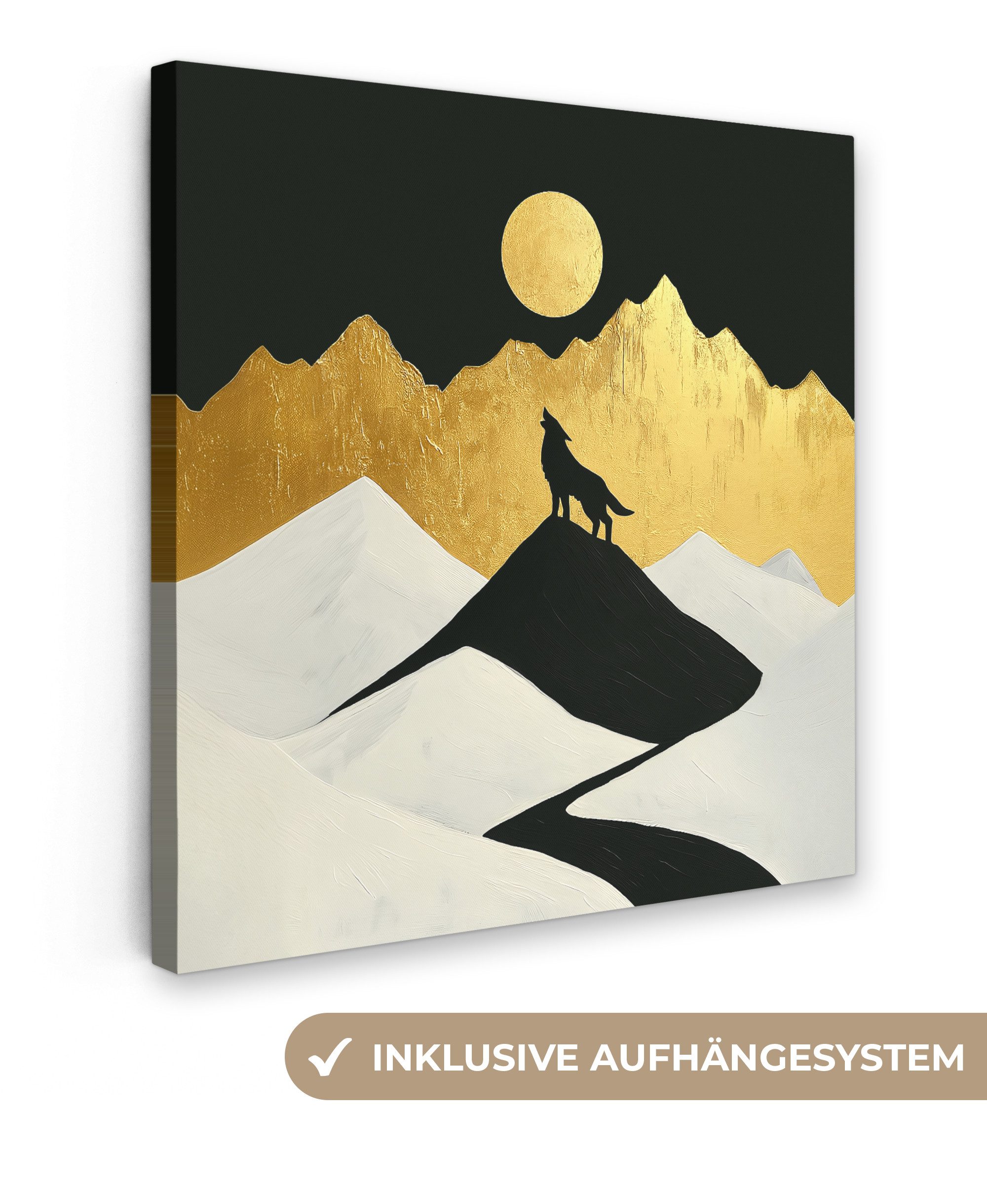 OneMillionCanvasses® Leinwandbild Wolf - Berg - Mond - Schwarz, Fotodruck (1 St), Wandbild, Deko Schlafzimmer Wohnzimmer Flur 20x20 cm