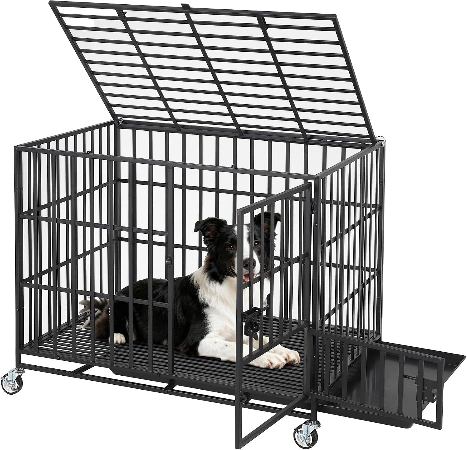 GarveeMore Tiertransportbox schwere Hundebox mit Rädern & 3 Türen, ausbruchsicher