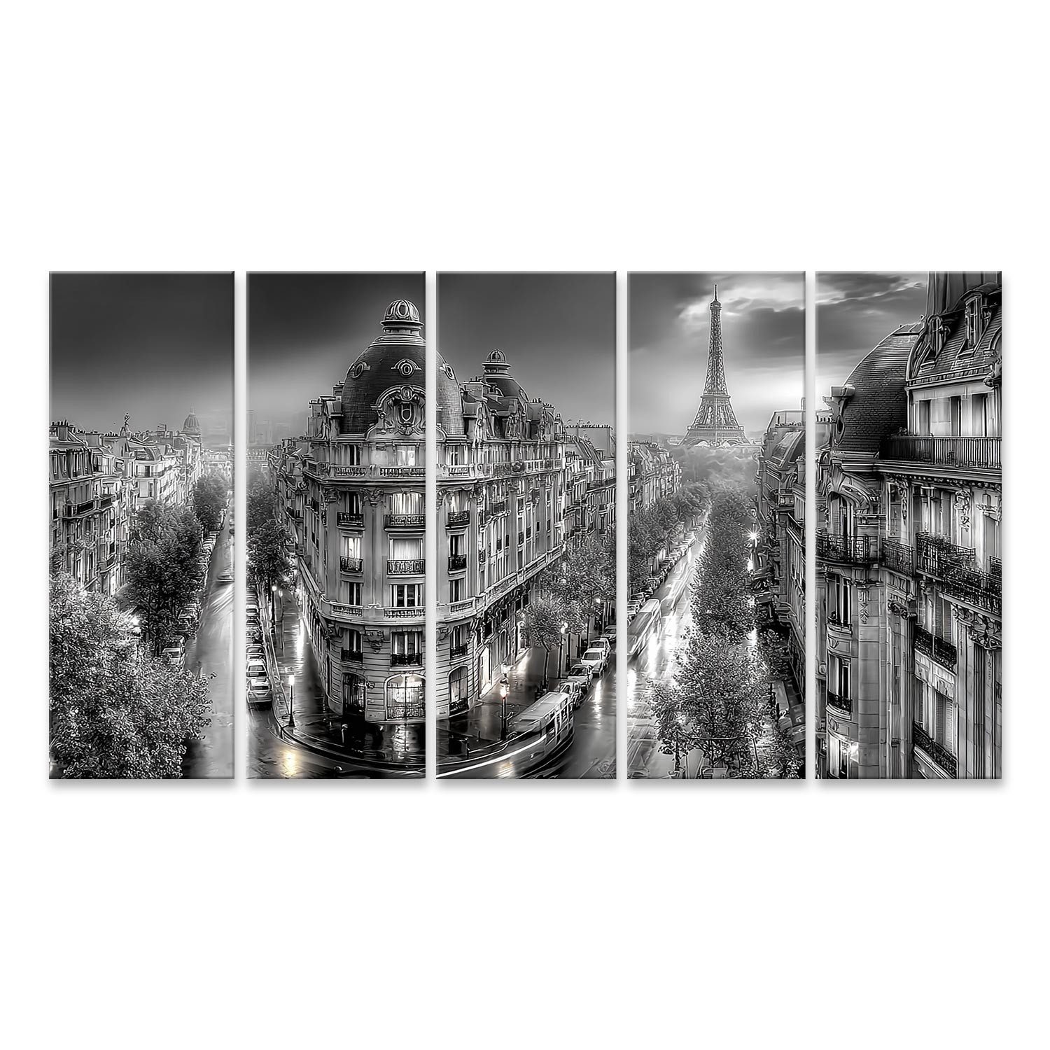 Leinwandbild Schwarz-Weiß Paris mit Eiffelturm und Stadtansicht - 5-teilig XXL
