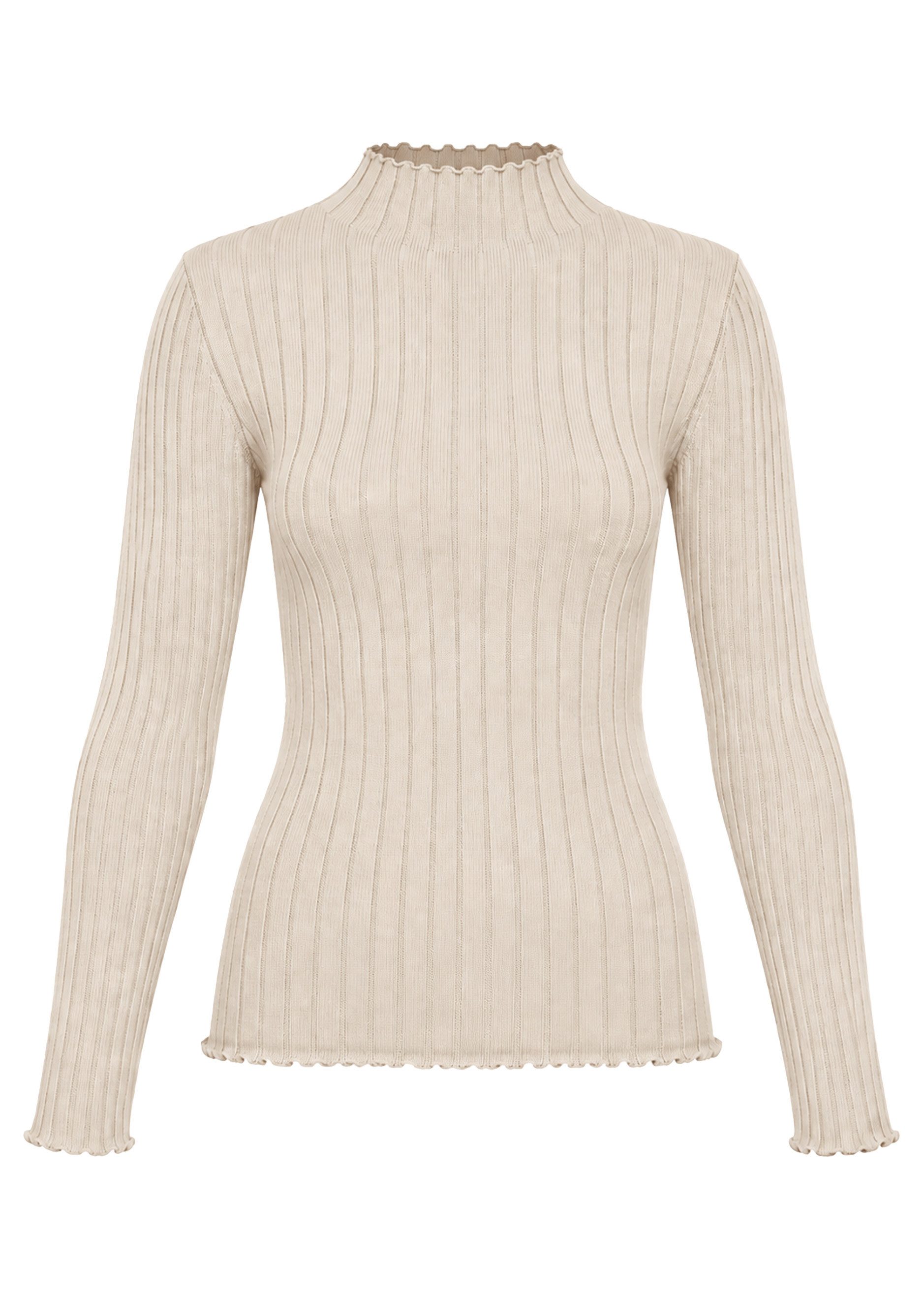 SASSYCLASSY Langarmshirt Oberteil mit Stehkragen für Damen weiches zeitloses Langarmshirt in Beige – Bild 3 von 5