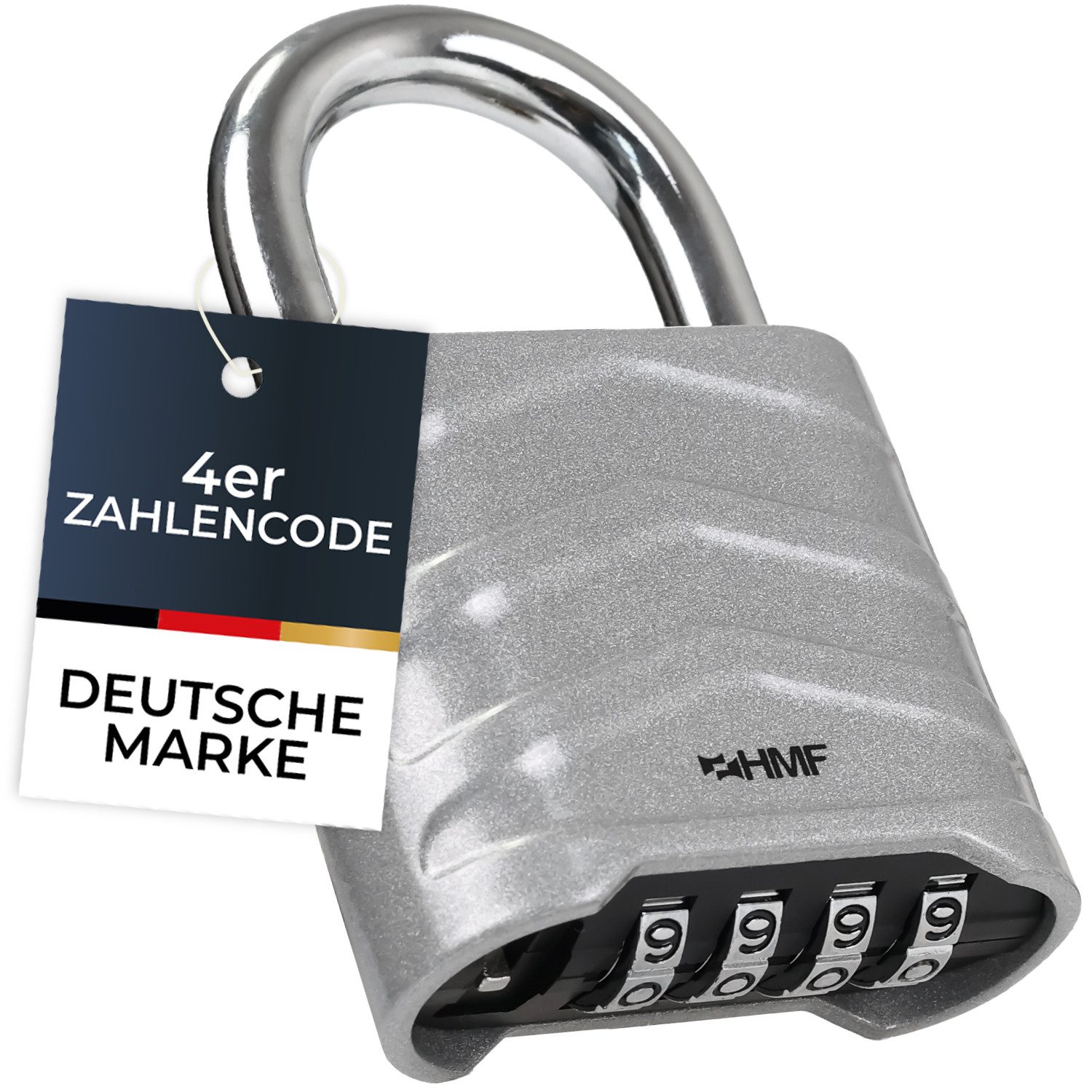 HMF Vorhängeschloss Zahlenschloss Vorhängeschloss, Schloss mit 4-stelligem Zahlencode, aus Aluminiumlegierung, 5,6 x 2,6 x 8,7 cm, Silber