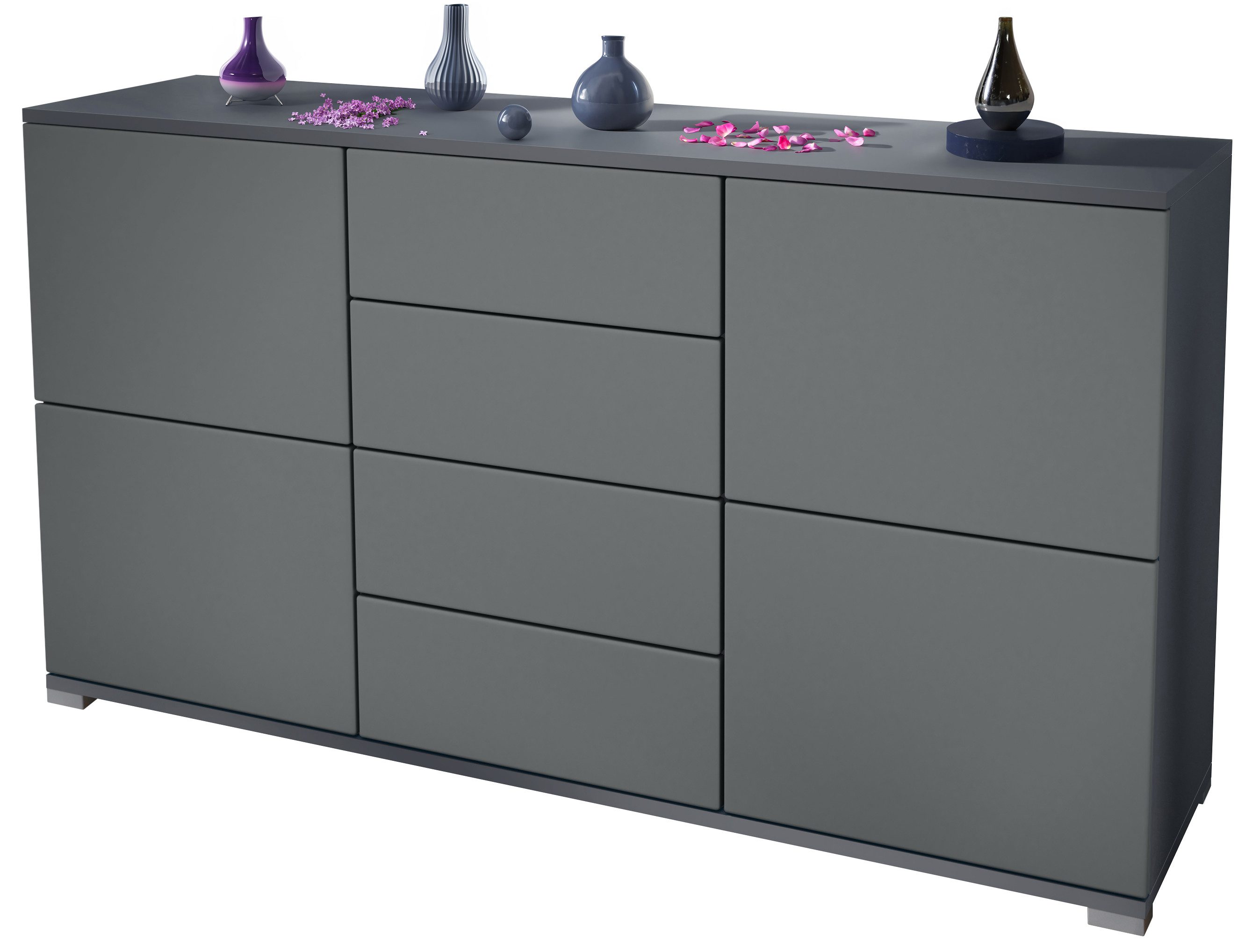 Vladon Sideboard Rova V1 (Kommode mit 4 Türen, 4 Schubladen, Made in Germany), Anthrazit matt/Graphit Seidenmatt (138,5 x 75,5 x 35)