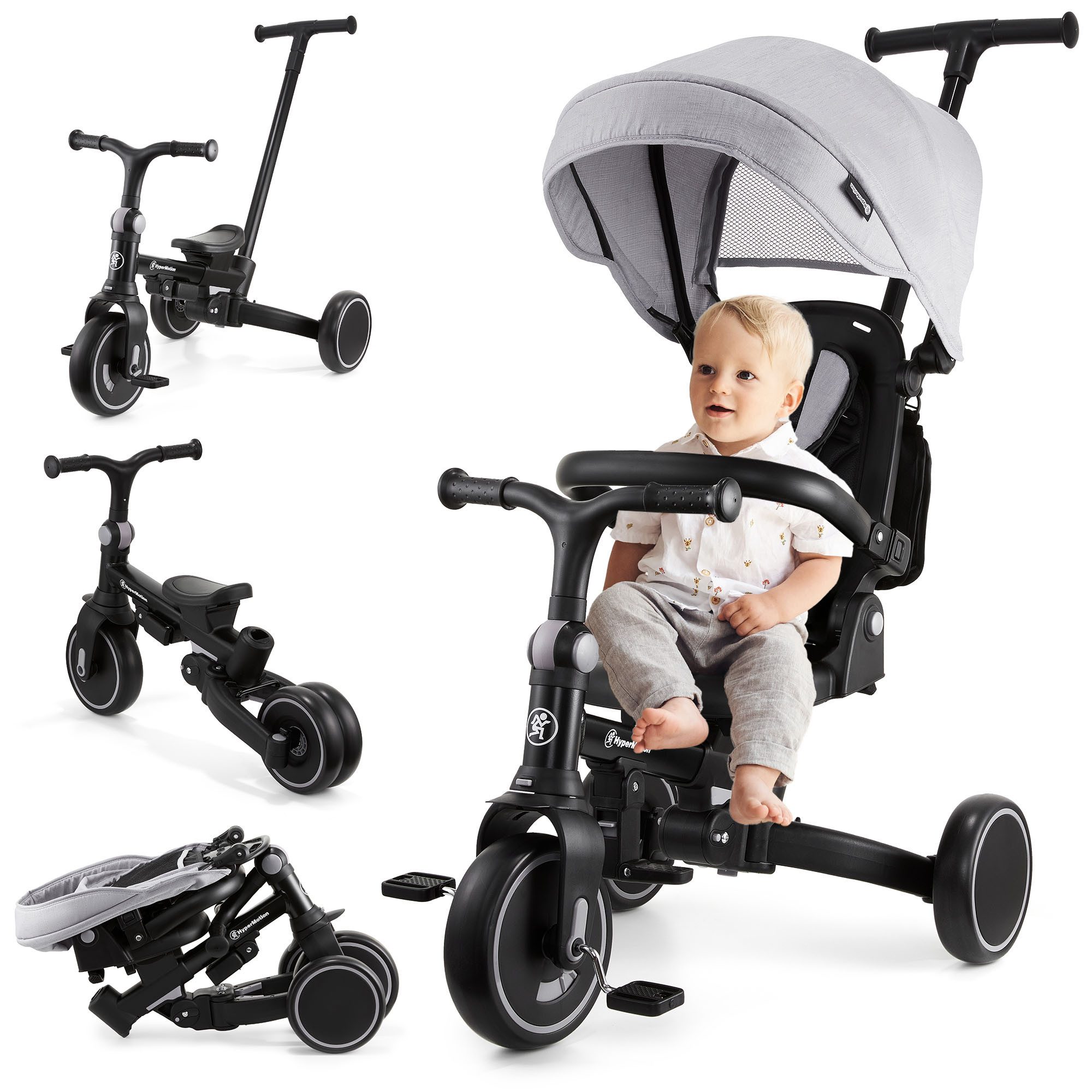 Dreirad Kinderroller mit Schubstange, Verdeck und drehbarem Sitz