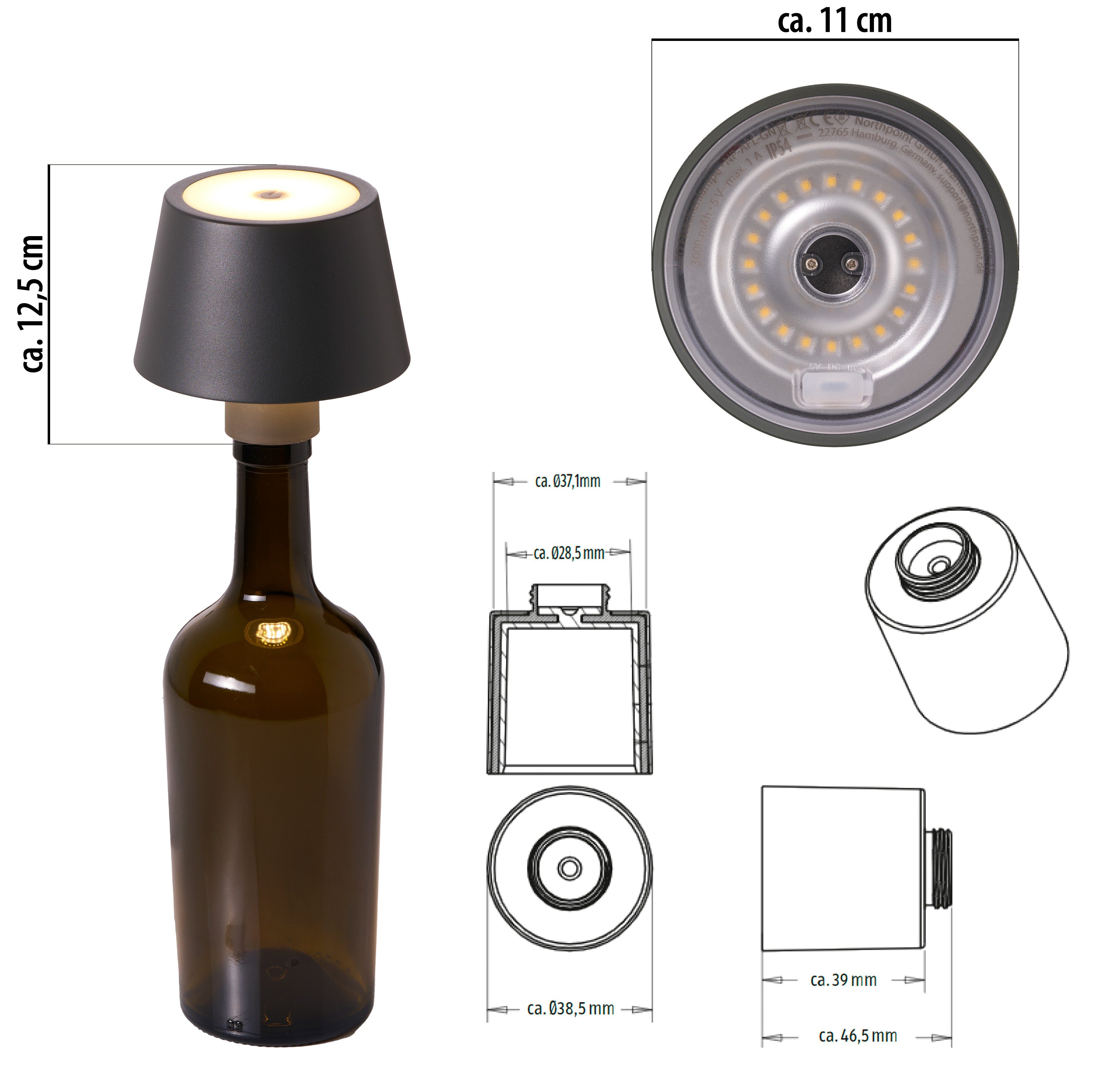 Northpoint Tischleuchte LED Akku grau mit Tischleuchte Dimmbar Touchsensor Flaschenlampe Akku &