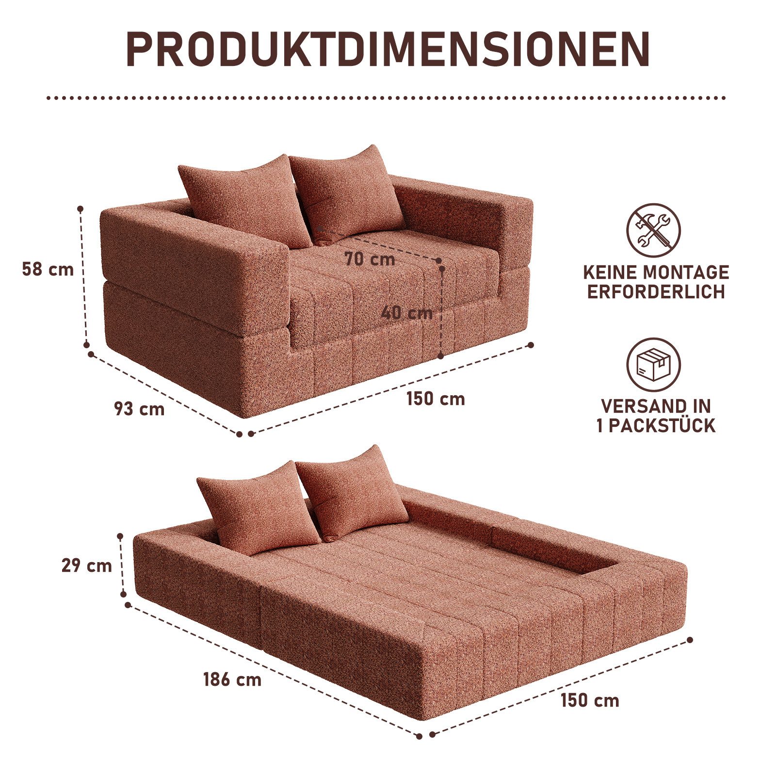 HOMALL Sofa Teddy-Bouclé-Stoff Vollschaumcouch mit Vakuum-Kompression, (Klappbares Schlafsofa,Couch 2 Sitzer mit 2 Kissen,kein Aufbau notwendig) – Bild 5 von 5