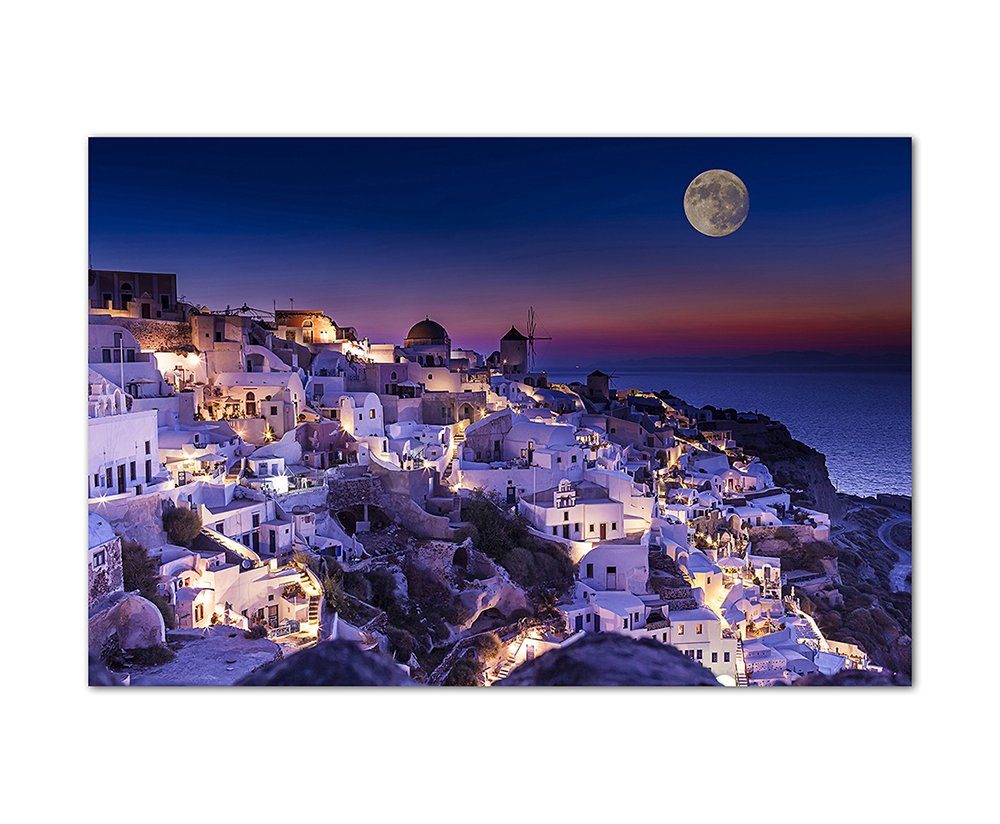Sinus Art Leinwandbild 120x80cm Griechenland Ort Häuser Vollmond Meer günstig online kaufen