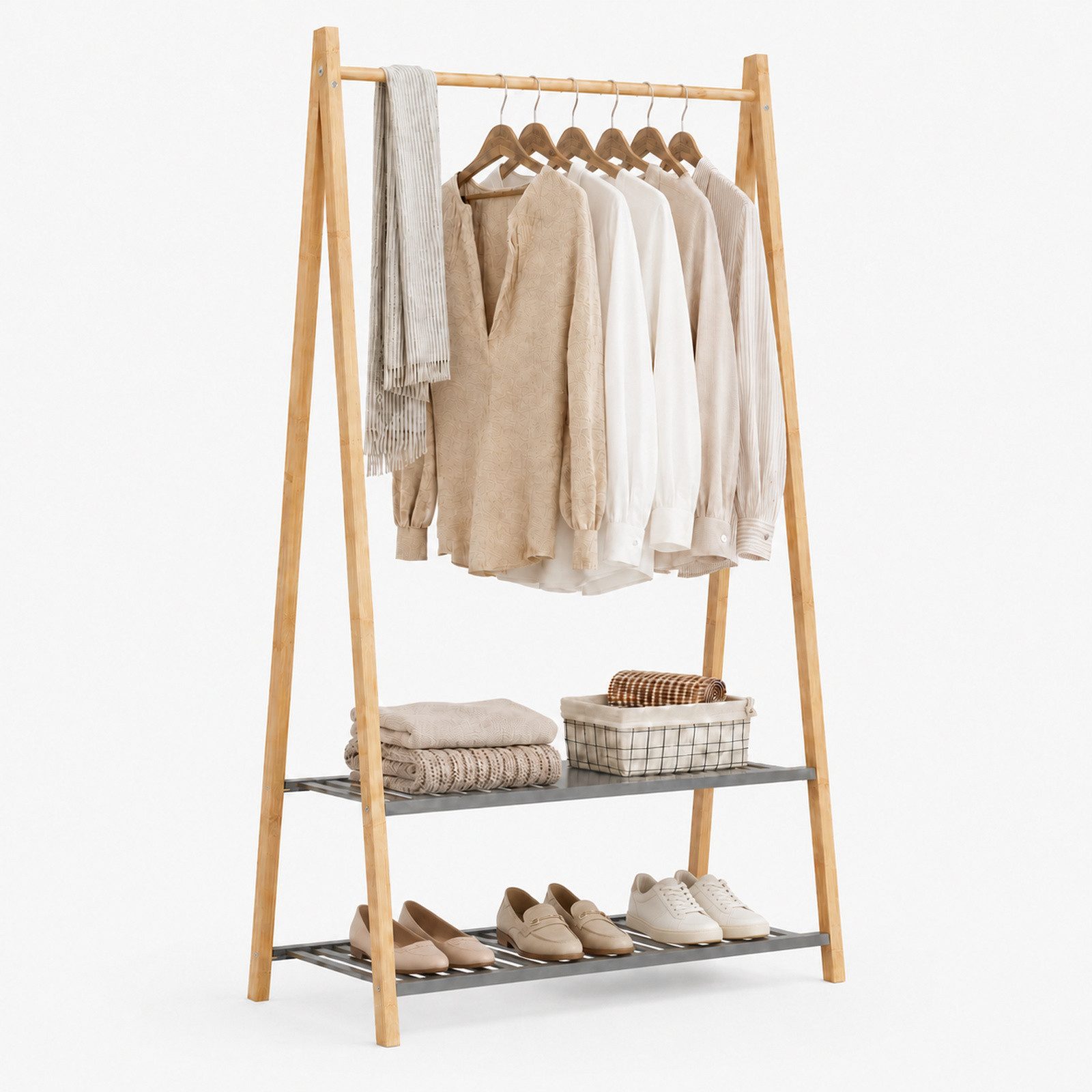 Yorbay Kleiderständer Doppelstöckige Bambus-Garderobe mit Kleiderstange 80x40x150cm(BxTxH), (Set, 1), Inklusive Schuhregal,geeignet für Eingangsbereich und Wohnzimmer