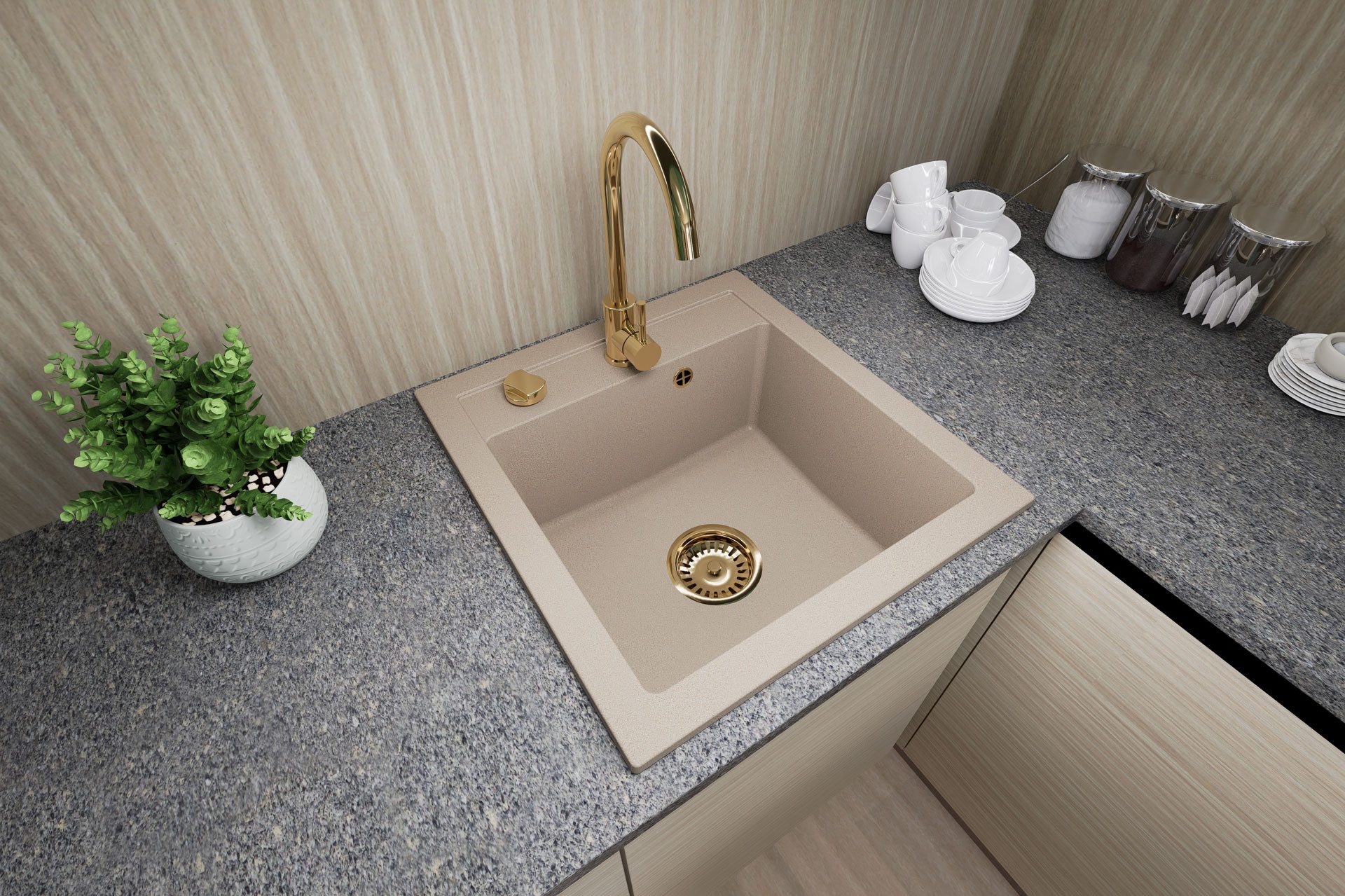 Faizee Möbel Granitspüle Granitspüle 49x52 +Armatur Gold Küchenspüle Spülbe günstig online kaufen