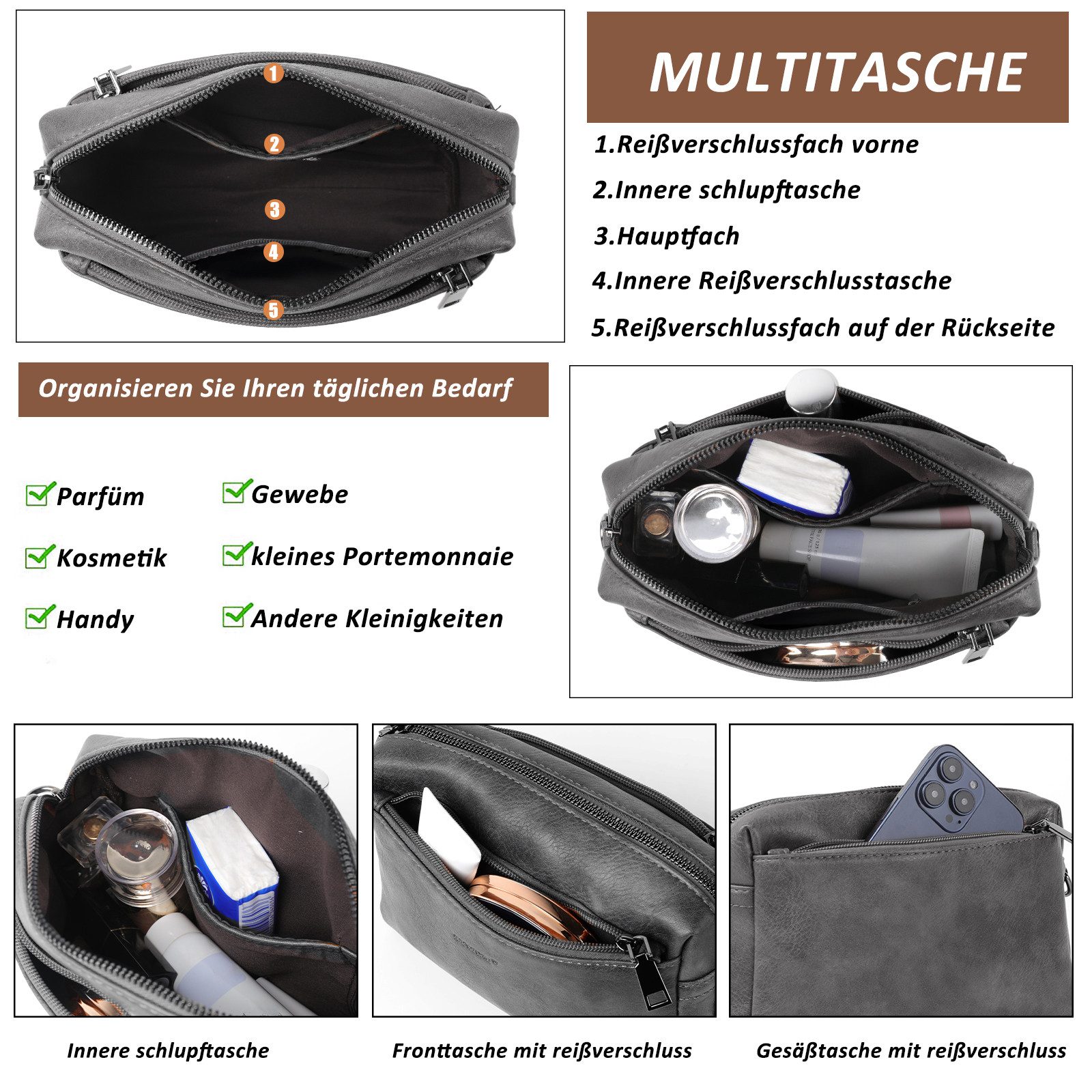 TAN.TOMI Umhängetasche Damen Handy Umhängetasche, Crossbody Schultertasche (Drei Reißverschlussfächern mit Verstellbar Abnehmbar Schultergurt), Handtasche Damen für Tägliches Arbeiten,Einkaufen,Reisen