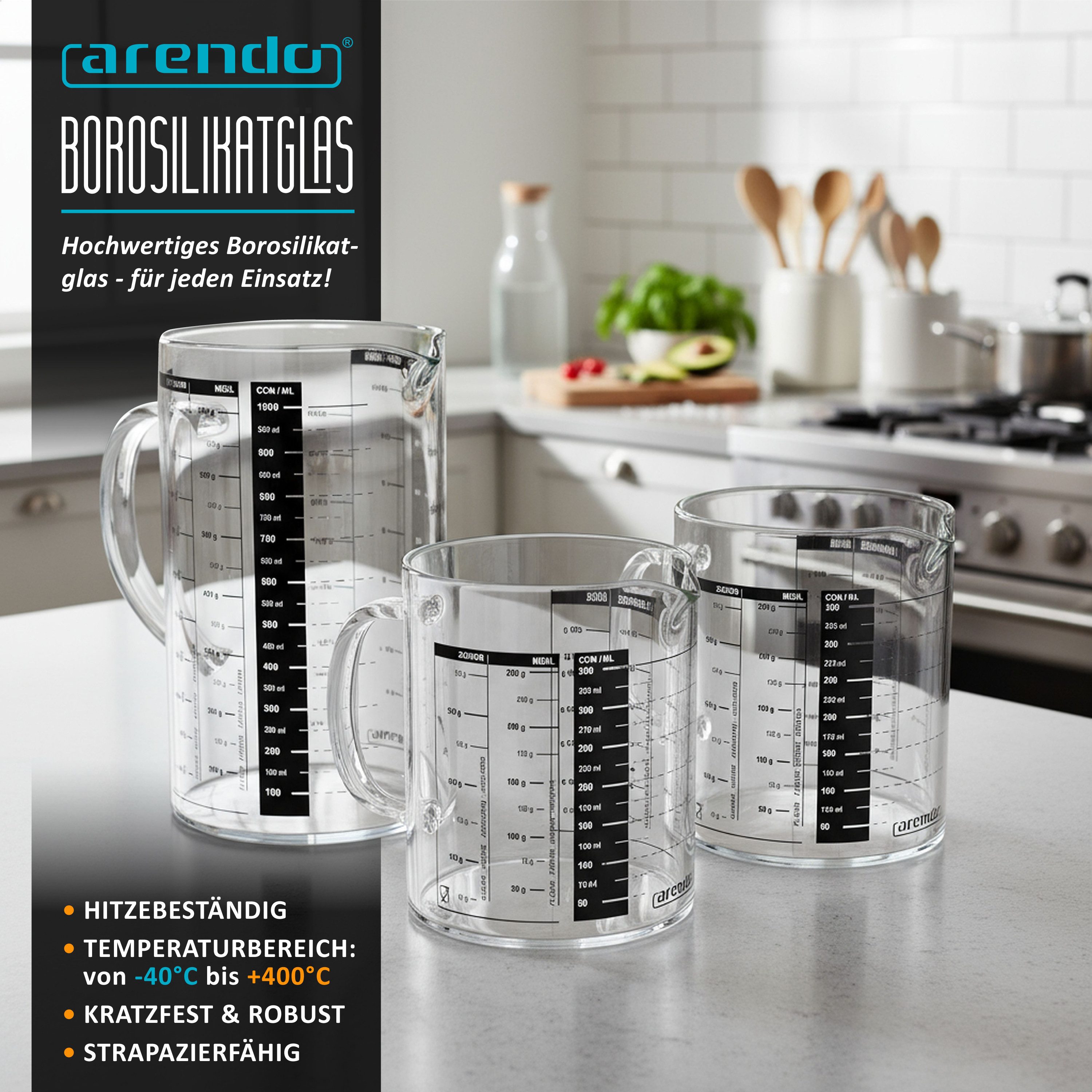Arendo Messbecher 350ml, 500ml & 1000ml Glas Messkrug Set, Borosilikat, Ausguss & Henkel, Glas, (Set, 3-St., 3x Rührbecher: 0,35 L / 0,5 L / 1 L), Küchenbehälter mikrowellengeeignet für Mehl Zucker Gewürze Süßigkeiten