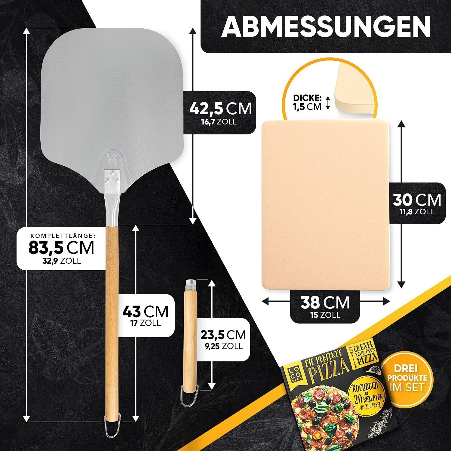 Loco Bird Pizzastein für Backofen & Gasgrill, rechteckig aus Cordierit, Cordierit, (Set, 4-St., inkl. Pizzaschieber, Pizzamesser und Rezeptbuch), für eine Pizza wie in Italien: authentischer Geschmack für Zuhause