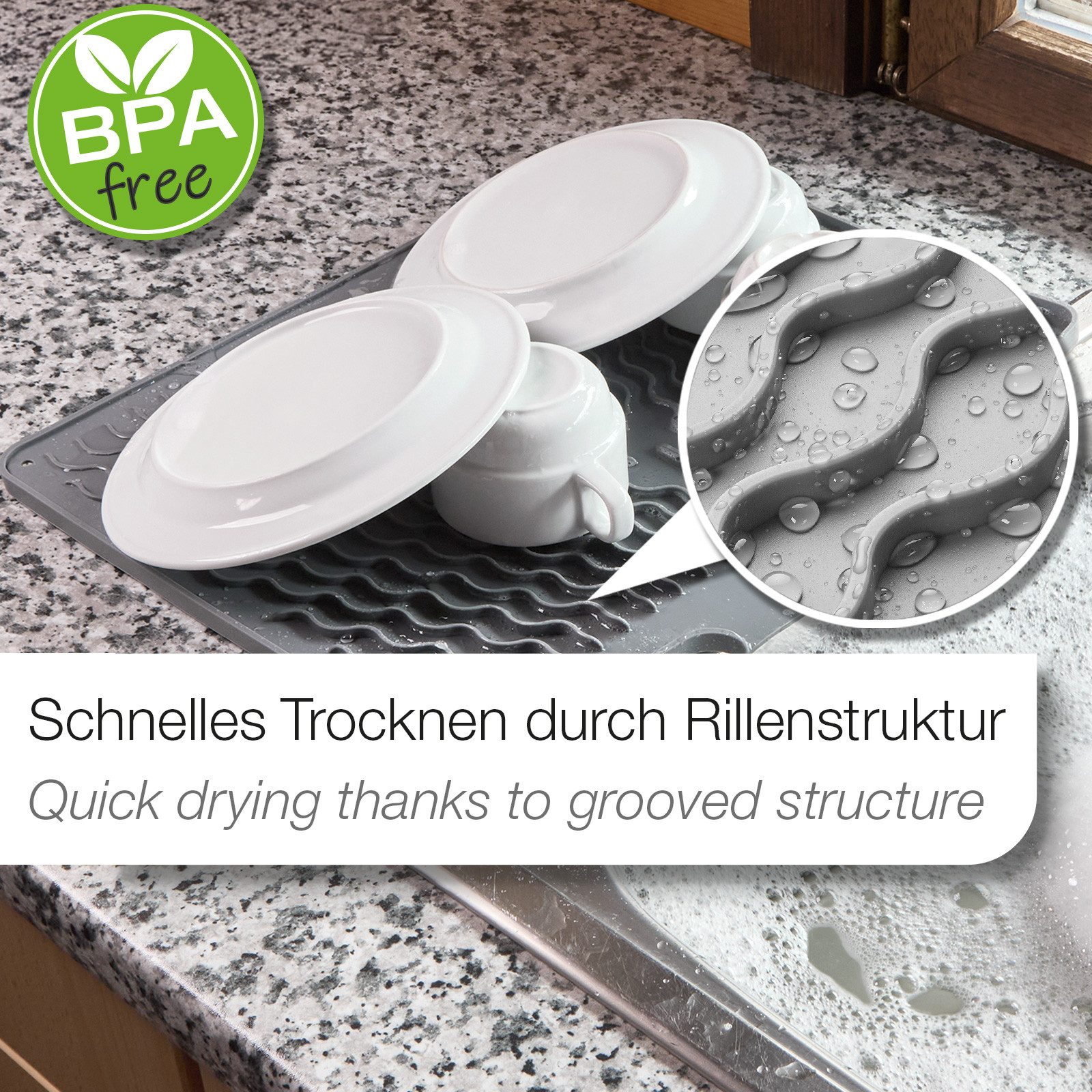 SO-TECH® Abtropfmatte Abtropfmatte 396x327mm für Geschirr & Besteck Silikon, Grau, rutschfest, hitzebeständig, spülmaschinengeeignet