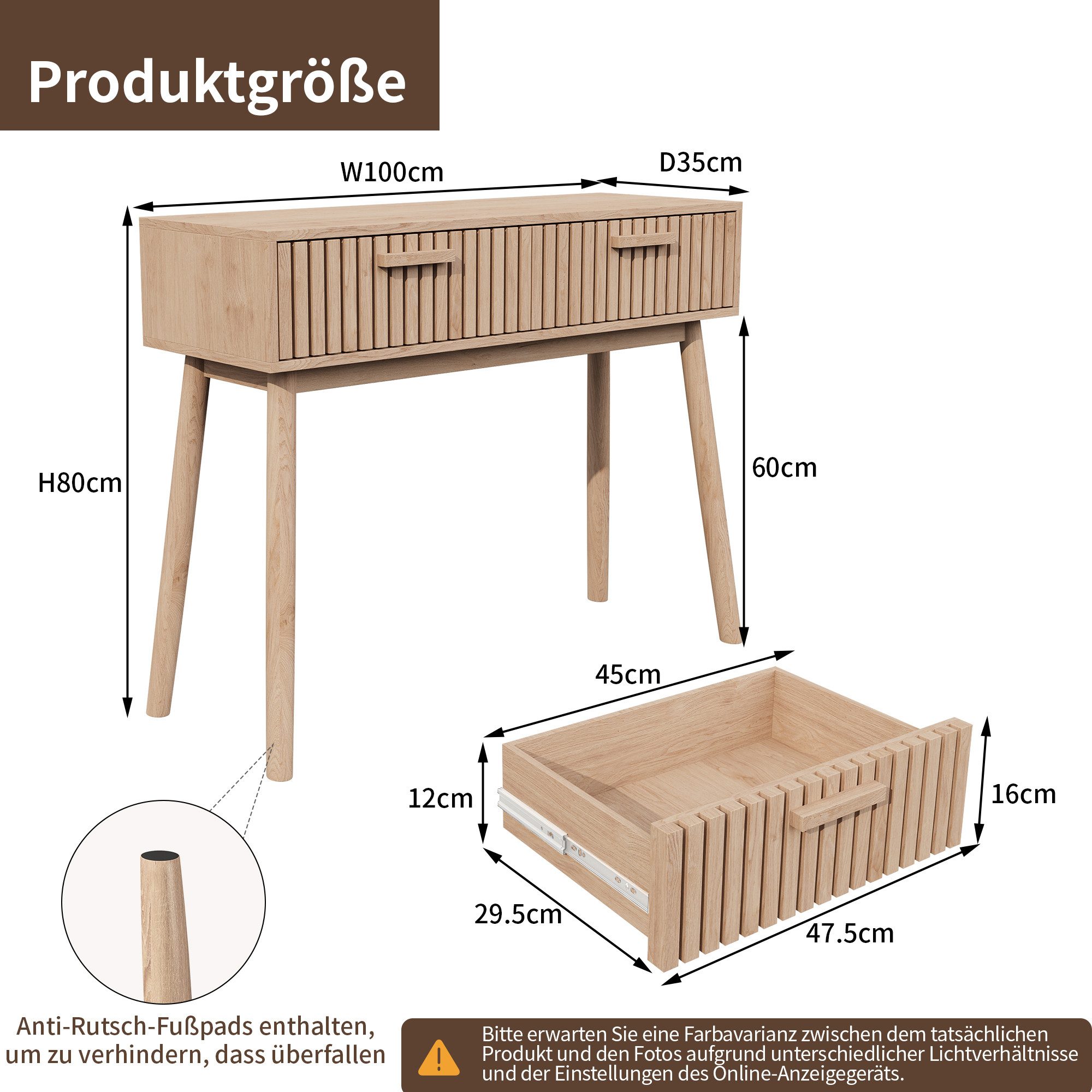 BELUPAI Konsolentisch Schminktisch Holz Frisiertisch mit 2 Schubladen (Set, 1-St., Natürliche Schreibtisch), 100 x 35 x 80cm