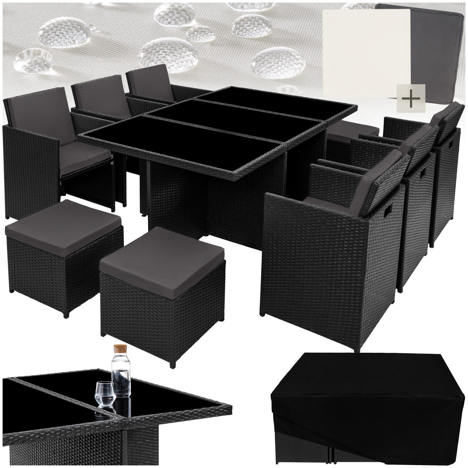 tectake Sitzgruppe Rattan Sitzgruppe, (Set., 12-tlg), Umklappbare Rückenlehne – Stühle passen unter den Tisch