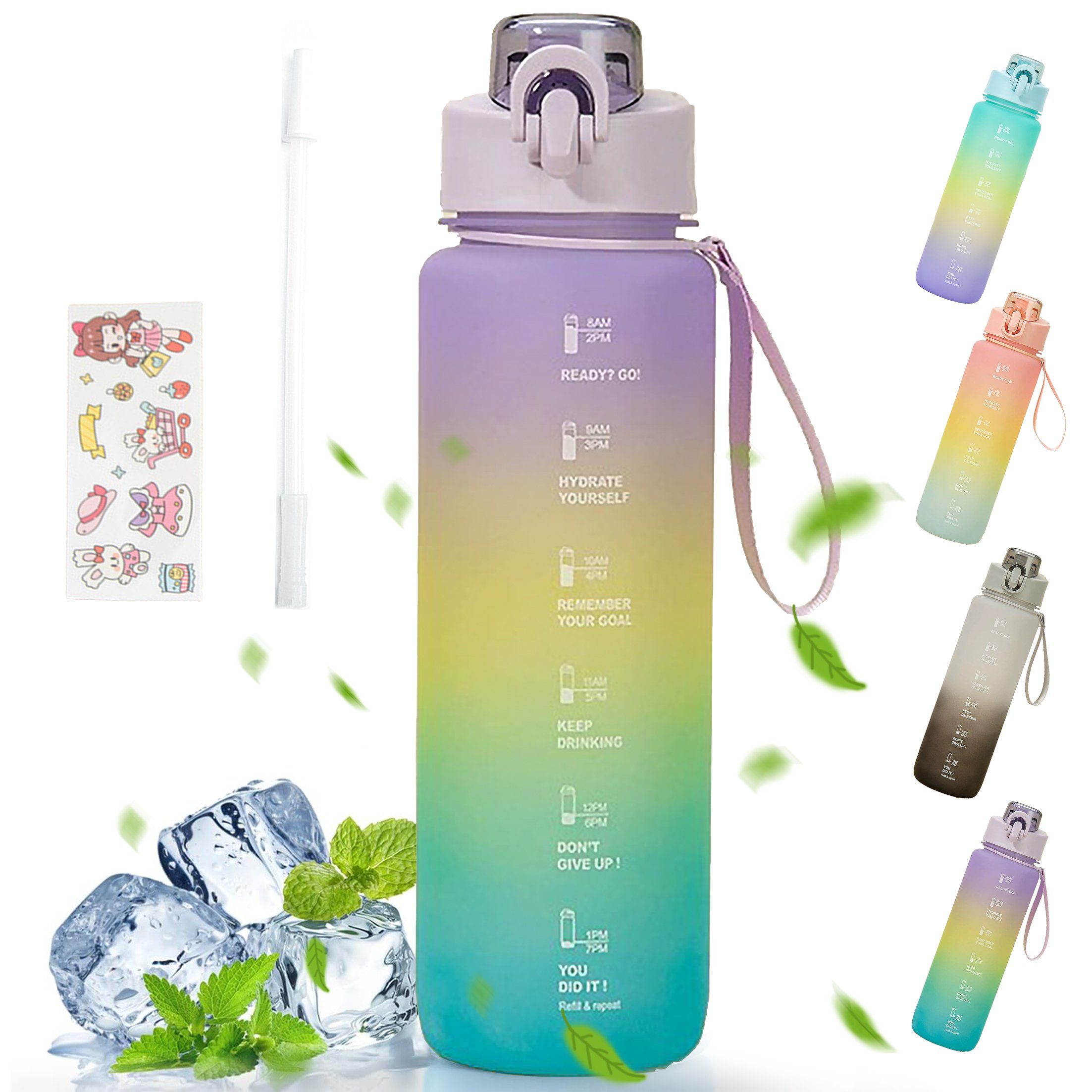 Zeitstempel mit und Trinkflasche Trinkflasche, LeiGo 1000ML Auslaufsicher, mit Wasserflasche, Trinkflasche Lila Strohhalm Wasserflasche Sportflasche, Farbverlauf