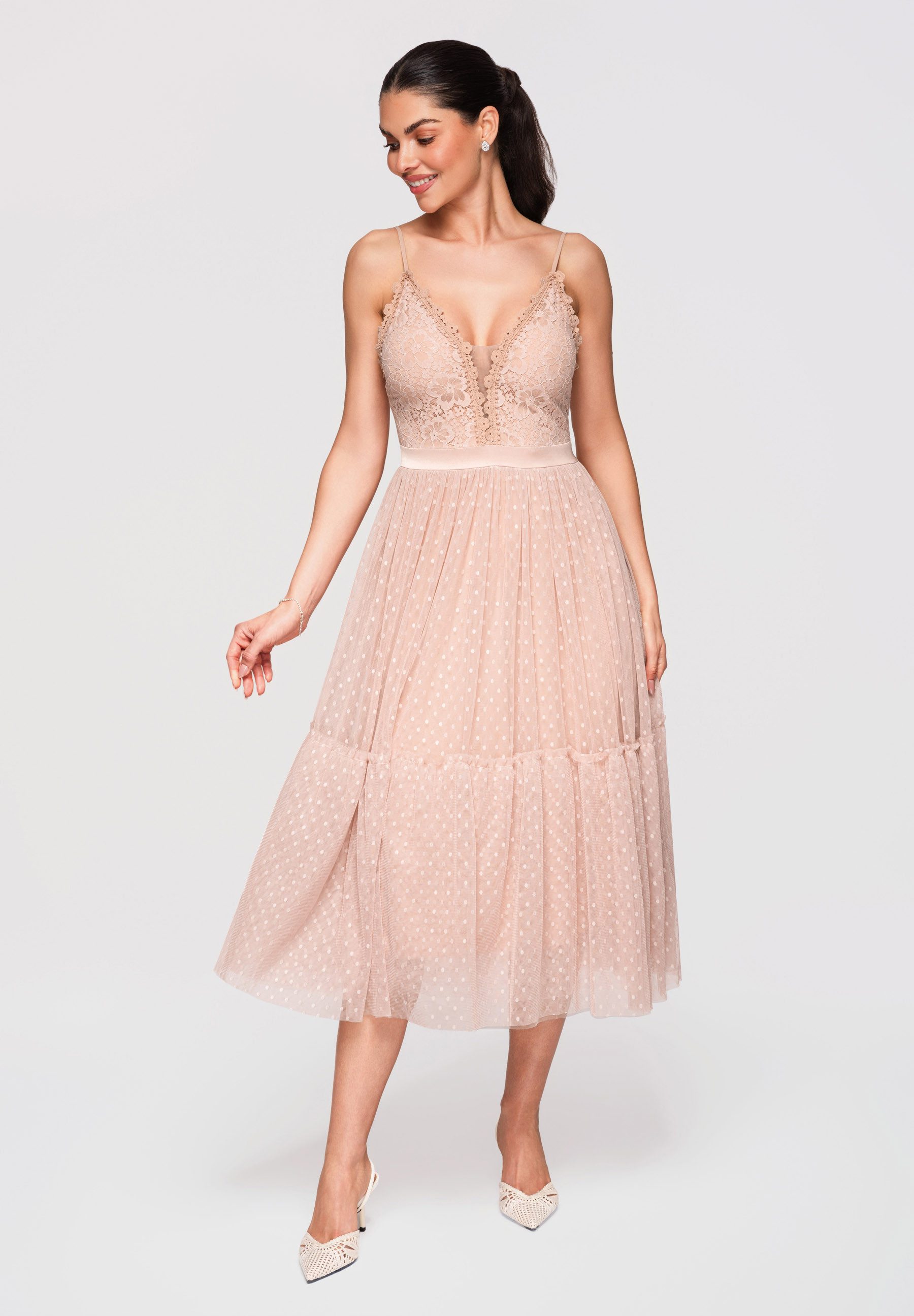OMBRE Abendkleid Damen Midi-Kleid Spitze Tüll Cocktail Beige L (kein Set, 1-tlg) Mehrlagiger Rock aus Mesh