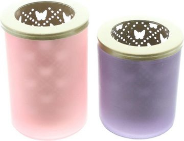 Dekoleidenschaft Teelichthalter "Schmetterling" aus Glas Violett & Rosa, 12 + 14 cm hoch, Teelichtglas (2 St., im Set), Kerzengläser, Windlichtglas, Teelichterhalter, Kerzenhalter