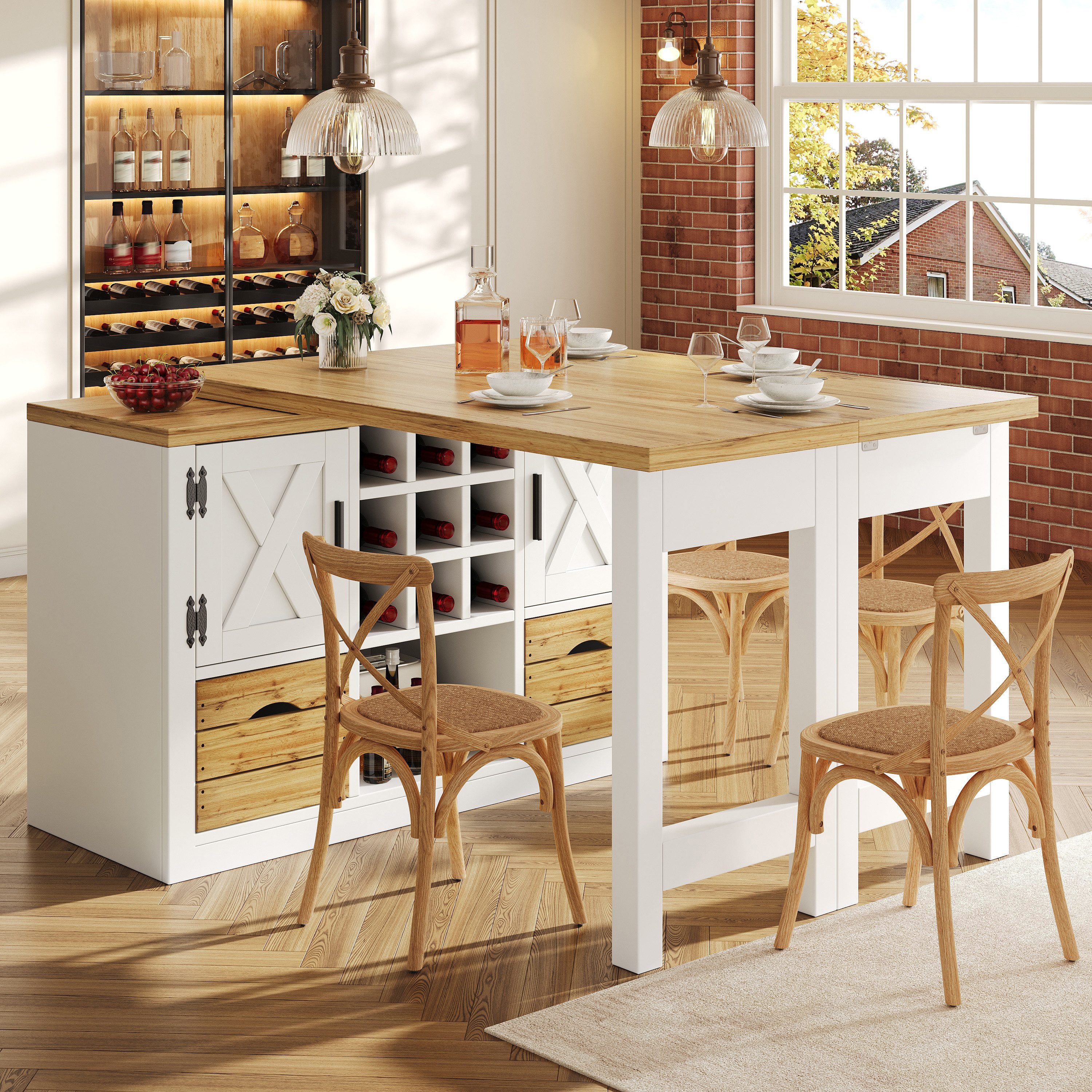 HAUSS SPOLE Kücheninsel ausziehbarer Küchentisch Esstisch mit 360° drehbare Tischplatte,Weiß, (Wohnzimmerschrank Bartisch mit Metallscharniere, Metallgriffe und Holzmaserung-Oberfläche), Küchenschrank mit herausnehmbarem Weinflaschenhalter