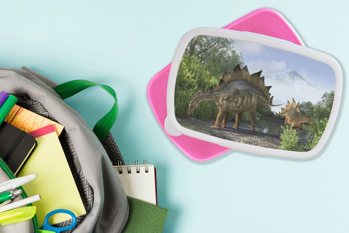 Lunchbox - Jungen Berg Kleiner, - - - Mädchen, - Snackbox, Kinder Kunststoff, - (2-tlg), Brotdose rosa für Erwachsene, Brotbox MuchoWow Illustration Kinder, Dinosaurier Wald Kunststoff