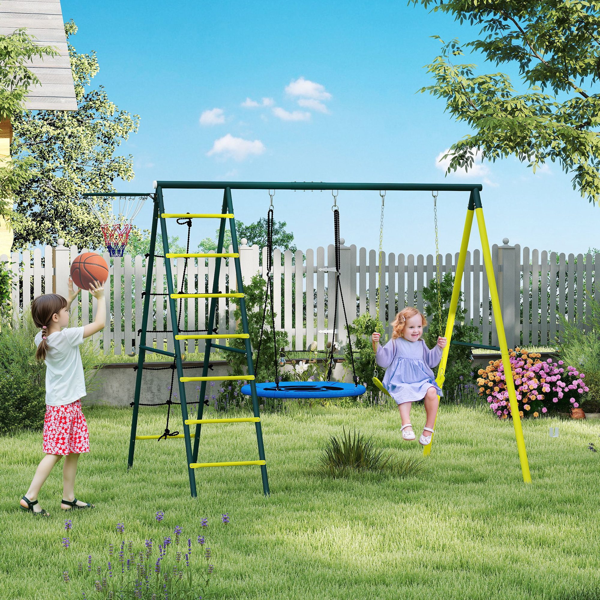 Outsunny Einzelschaukel Kinderschaukel-Set Schaukelgestell mit Schaukeln Basketballkorb Leiter, (Schaukelgerüst, 1-tlg., Gartenschaukel), für Kinder 3-8 Jahre, Stahl, 2,67 x 1,8 x 2,02 m