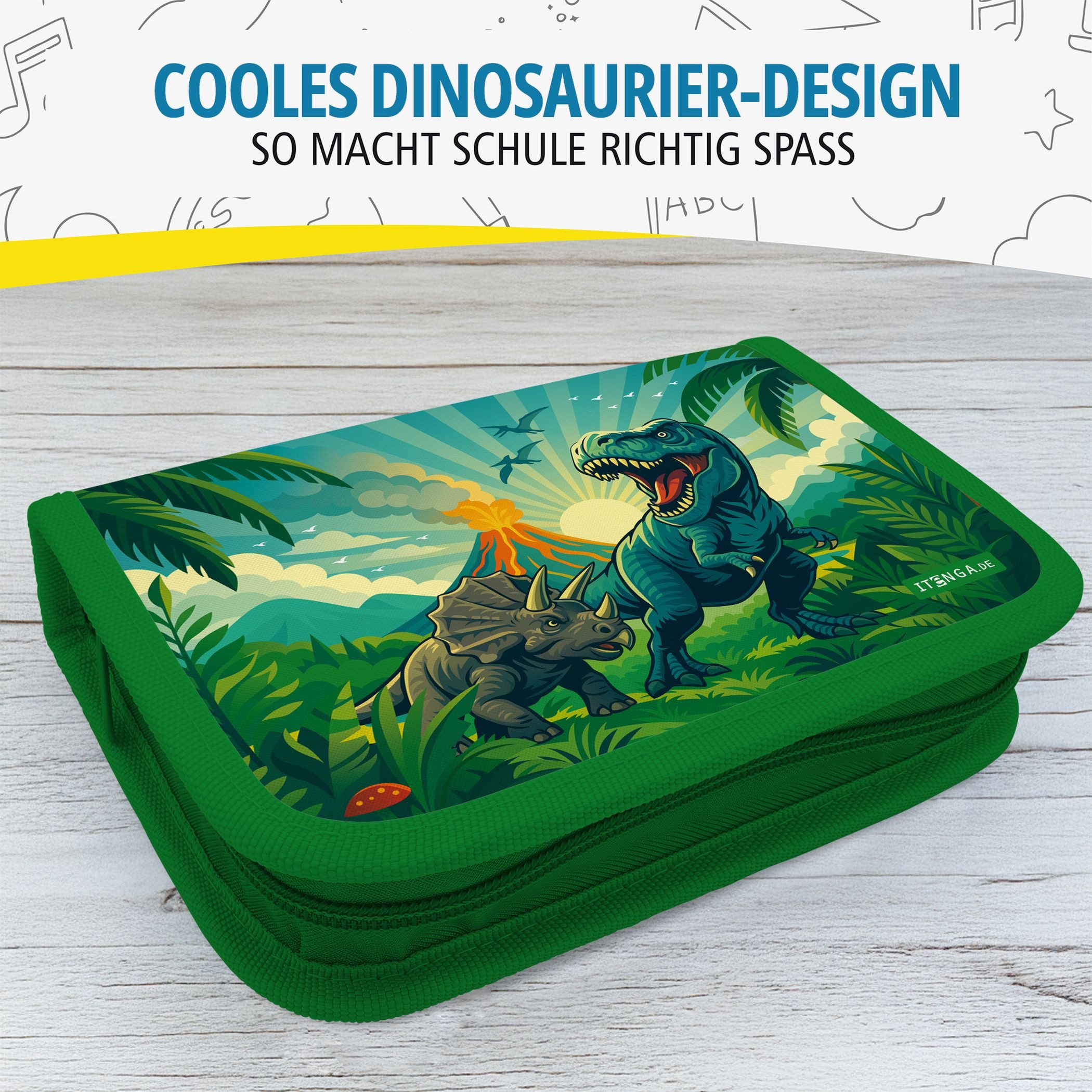 itenga Federmäppchen itenga Schüler-Etui Mäppchen Dinosaurier Dino World 28 teilig (gefüllt