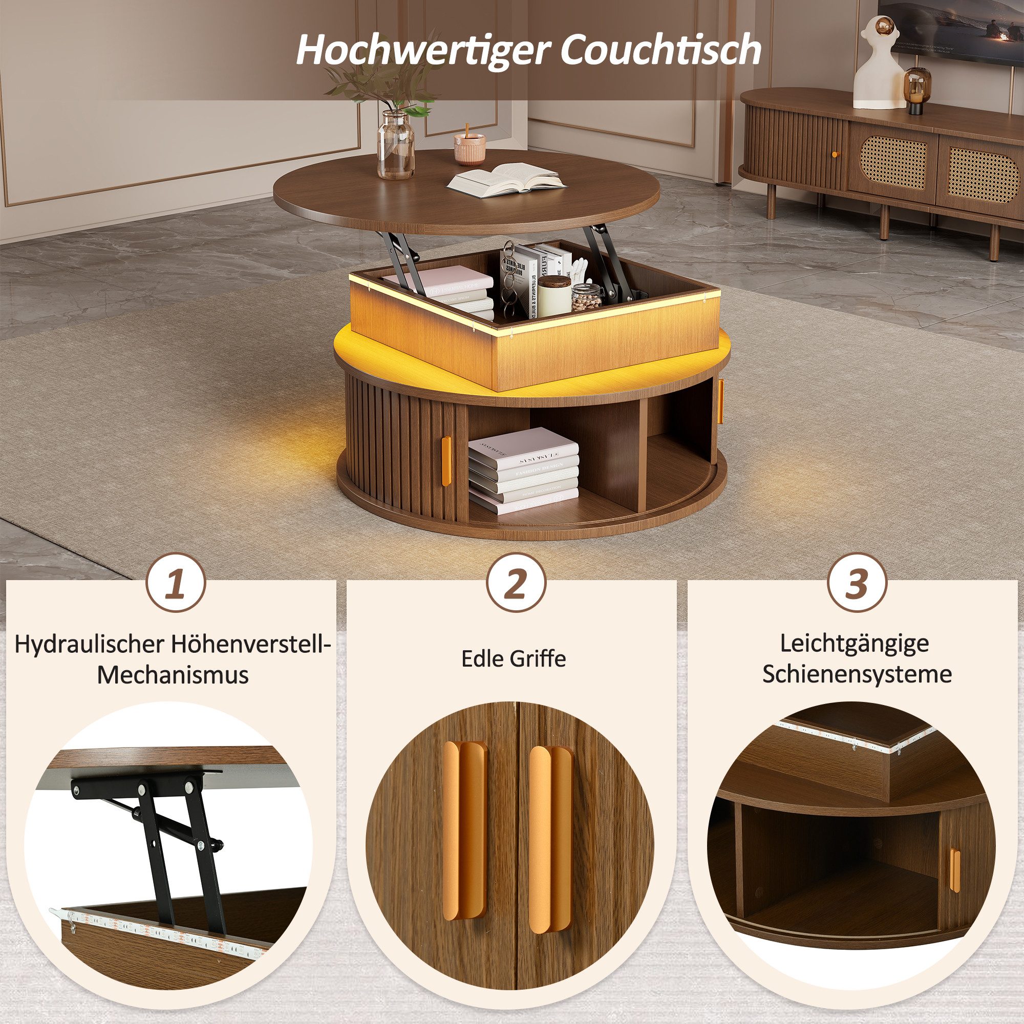 Merax Couchtisch hochglanz Sofatisch höhenverstellbar Beistelltisch mit LED-Beleuchtung (Versteckter Stauraum & Höhenverstellbare Tischplatte, 1-St), Runder Woh – Bild 5 von 5