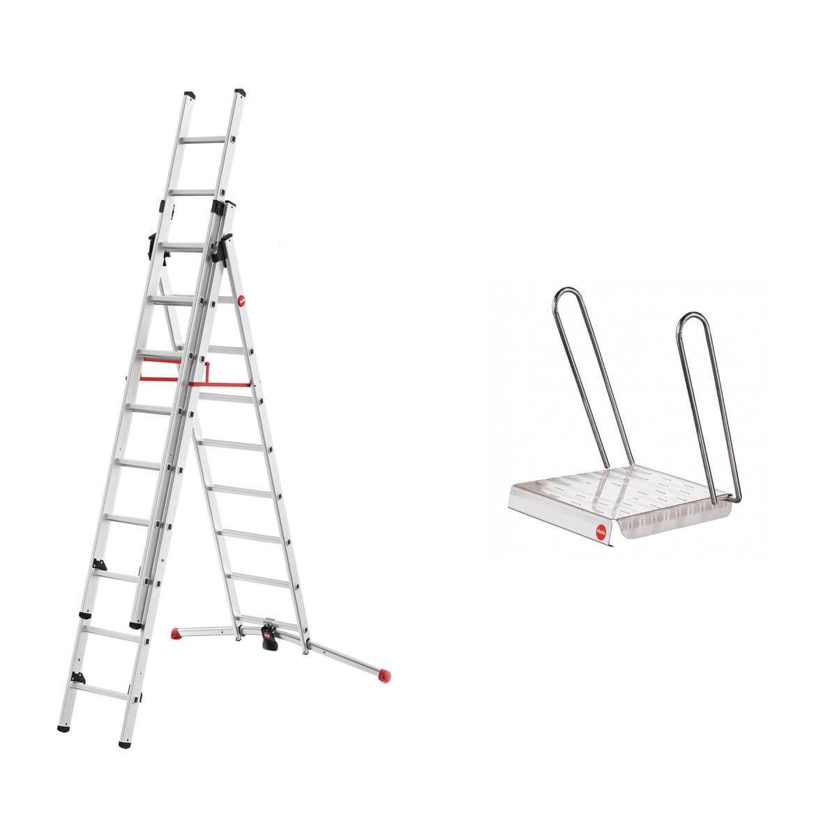 Hailo Trittleiter ProfiLOT Aluminium-Teleskopleiter mit gratis Einhängetritt, Kombi-Leit (Set, gratis Einhängetritt), mit bis zu 150 kg belastbar, Rasthaken mit Transportsicherung