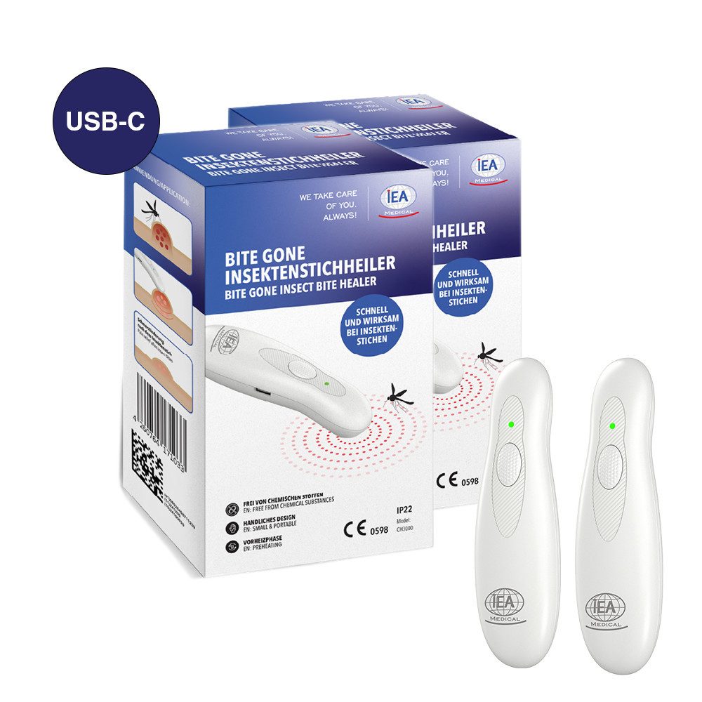 IEA Medical Insektenstichheiler 2er Set Elektrischer Stichheiler USB-C, 2 Modi, kompakt, Bundle, 2-tlg., 2x Insektenstichheiler, wiederaufladbar, ohne Cremes, ideal für zuhause & unterwegs