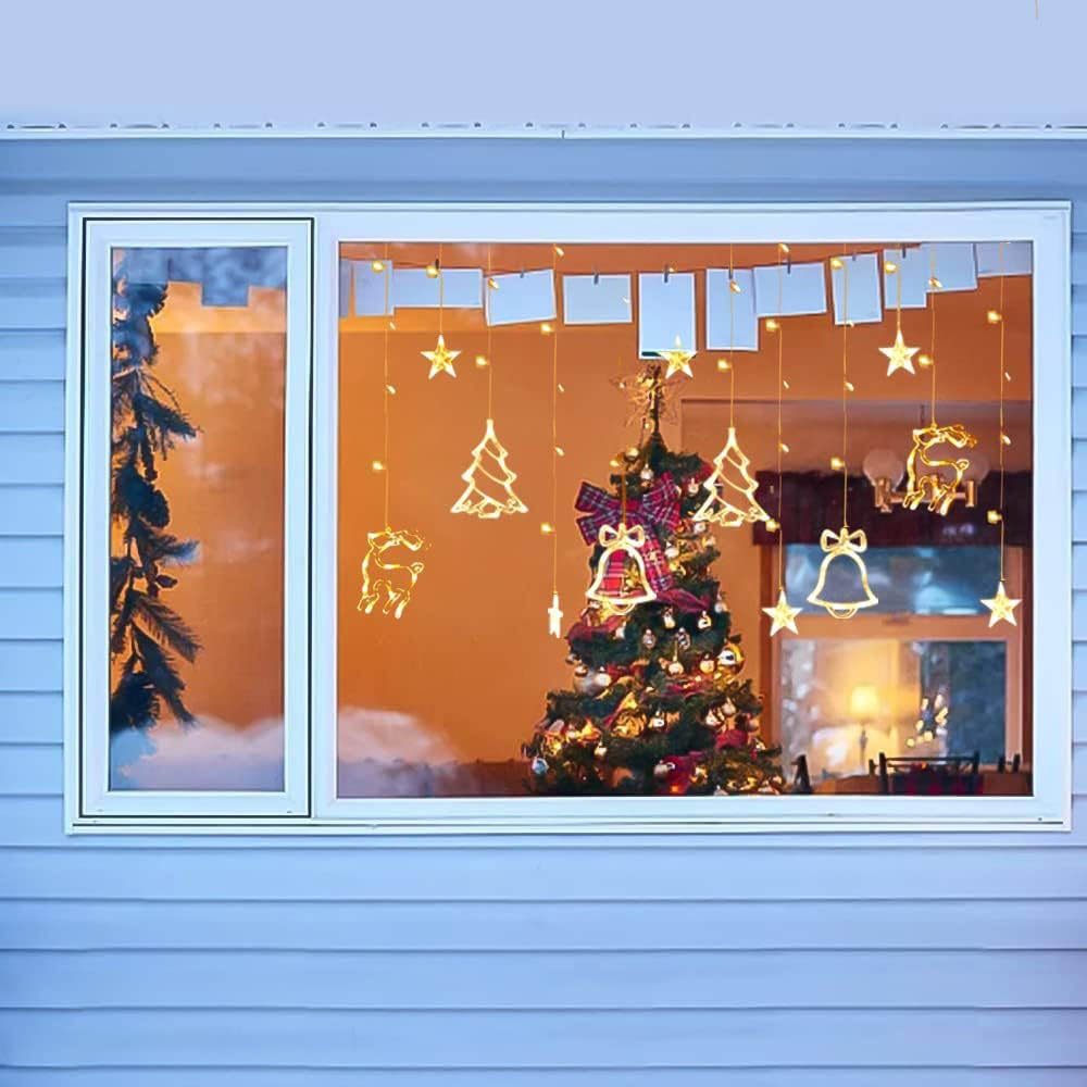 Rosnek LED-Lichtervorhang 3M, Fenster, Wohnzimmer Rehe wasserdicht, Deko; Thema, Weihnachten Kupfer, Glocken Neujahr Warmweiß Garten Bäume Sterne; batterie für