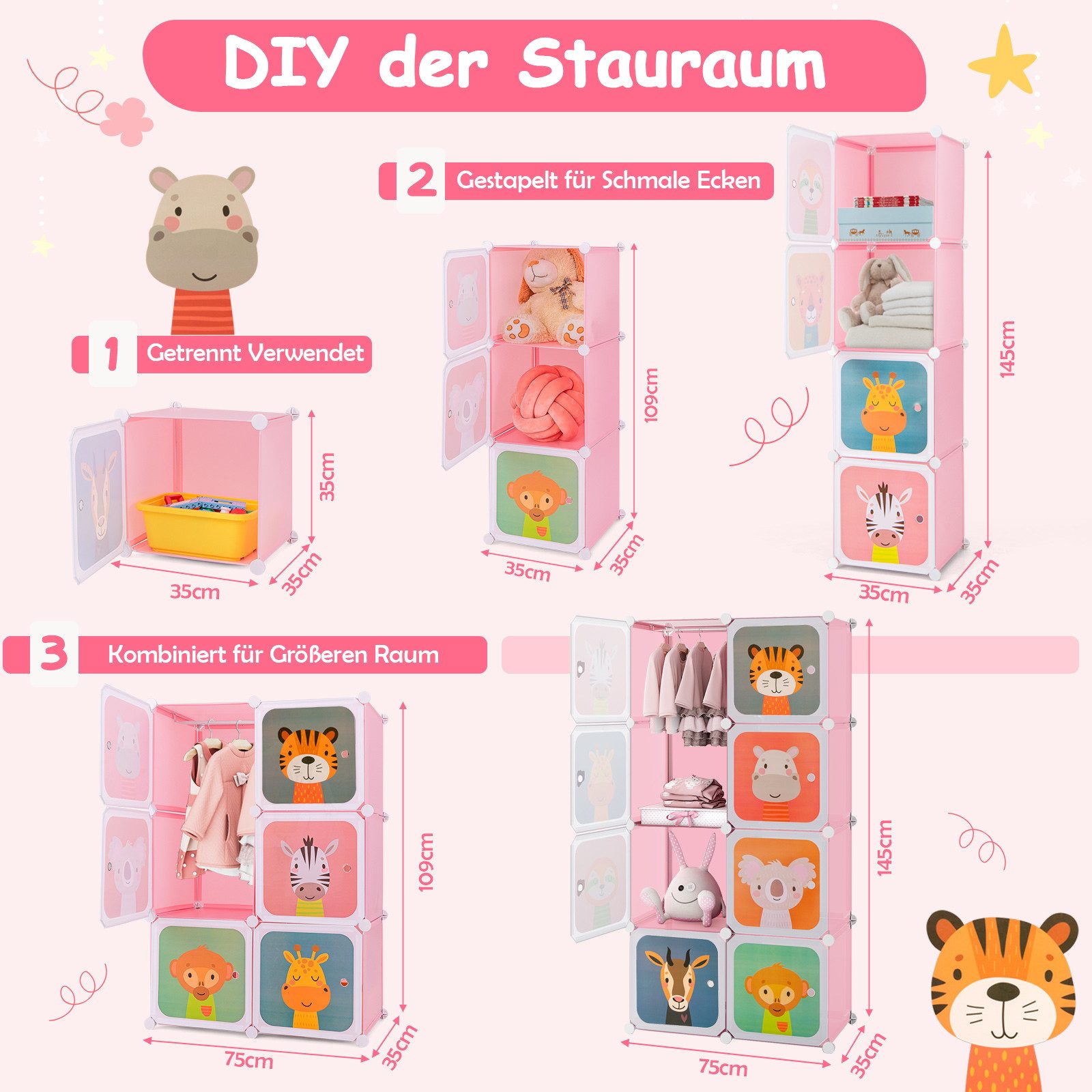 COSTWAY Kinderkleiderschrank mit Kleiderstange und 8 Würfeln, erweiterbar