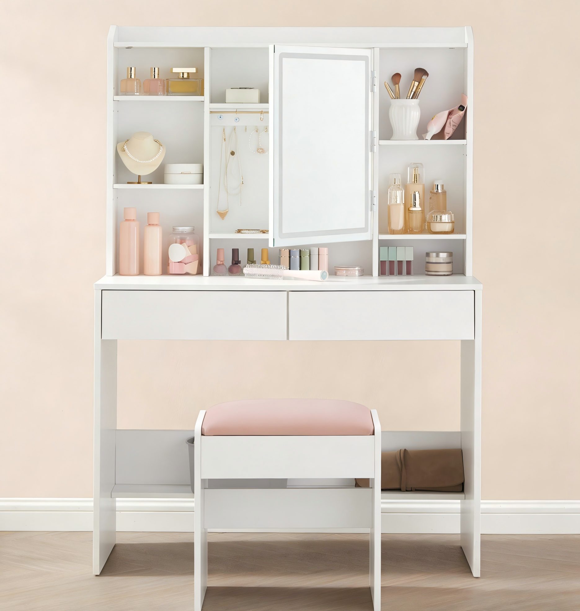 VASAGLE Schminktisch, Kosmetiktisch mit verstellbaren Ablagen, 2 Schubladen, Spiegel