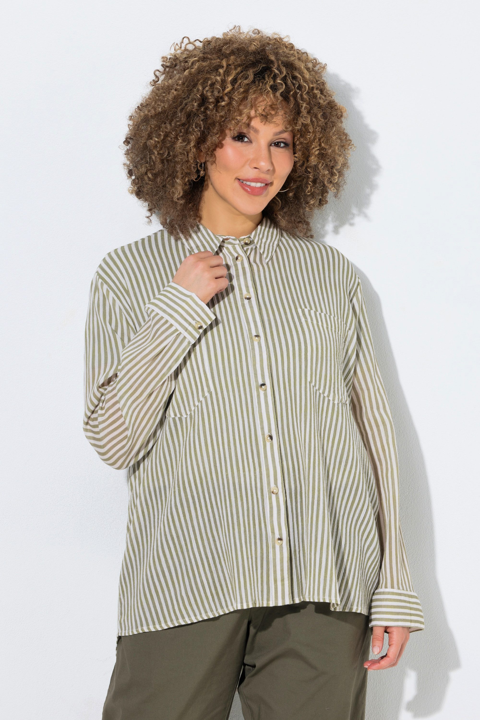 Ulla Popken Hemdbluse Streifenbluse Krepp Hemdkragen Langarm