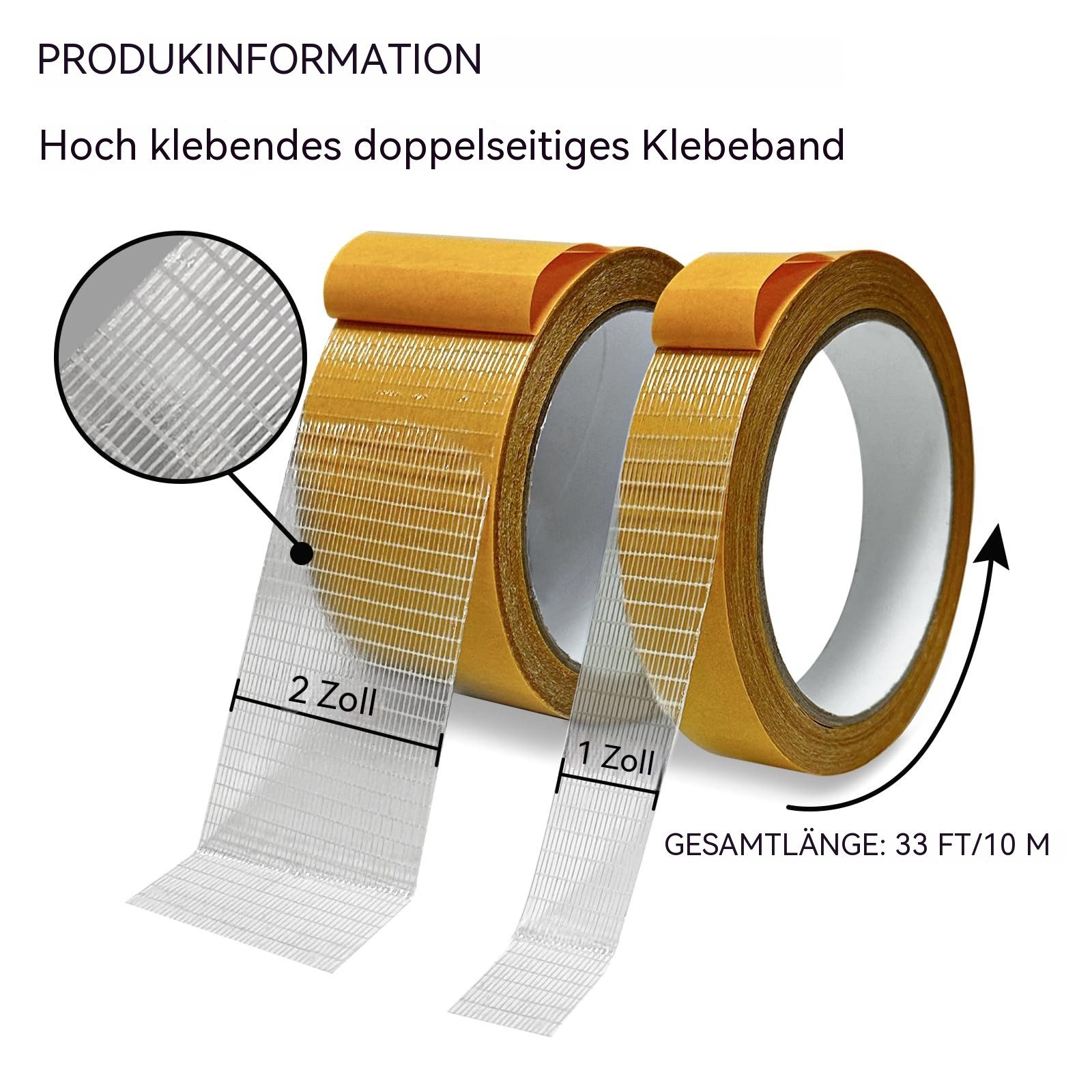 Diwzbyn Doppelklebeband EXTRA STRONG Verlegeband, doppelseitiges Gewebeklebeband (2-St) Mehrzweck-Doppelklebeband (1 Zoll/2 Zollx10 m)–stark haftend,–2 Rollen – Bild 2 von 5