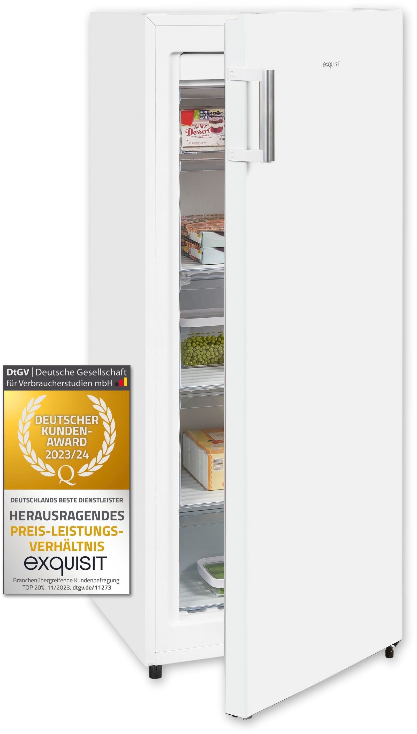 exquisit Gefrierschrank GS231-NF-H-010E weiss, 143,4 cm hoch, 56 cm breit, 4*-Gefrierschrank No Frost mit LED-Anzeige & praktischem Griff