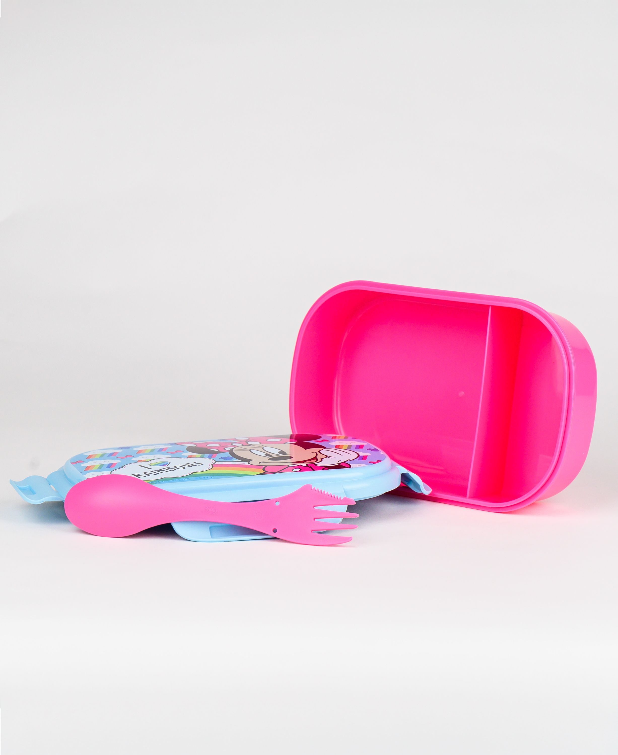 Disney Minnie Mouse Lunchbox MINNIE MAUS - I LOVE RAINBOWS, PP, (2-tlg), Kinder Brotdose mit 2-Fach-Unterteilung & Göffel-Messer BPA frei