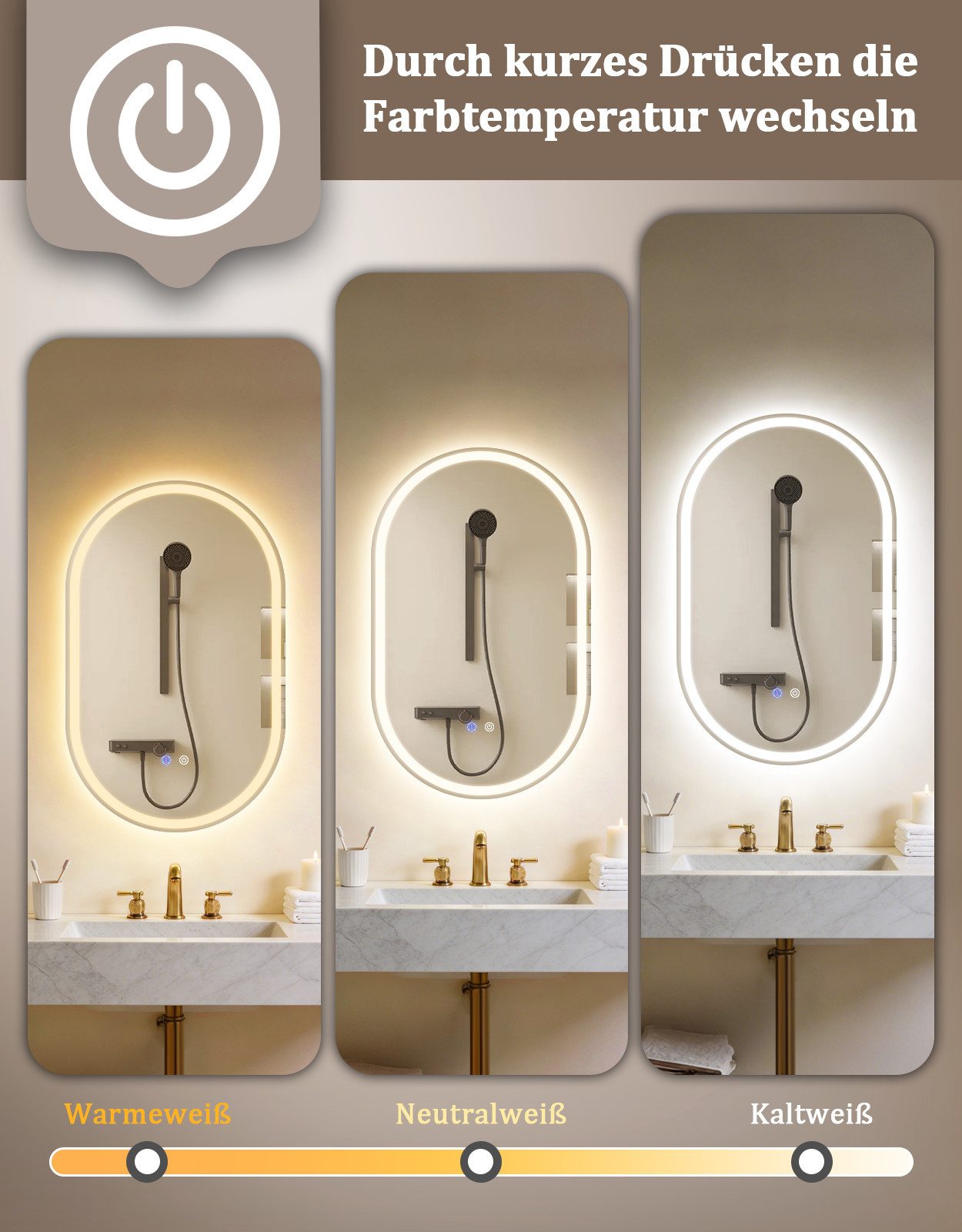 ZMH Badspiegel Spiegel Oval Badspiegel mit Beleuchtung - LED Badezimmerspiegel (1x Badspiegelleuchte), Wandspiegel Badezimmer mit Touch-Schalter Entfogger-Funktion Dimmbar