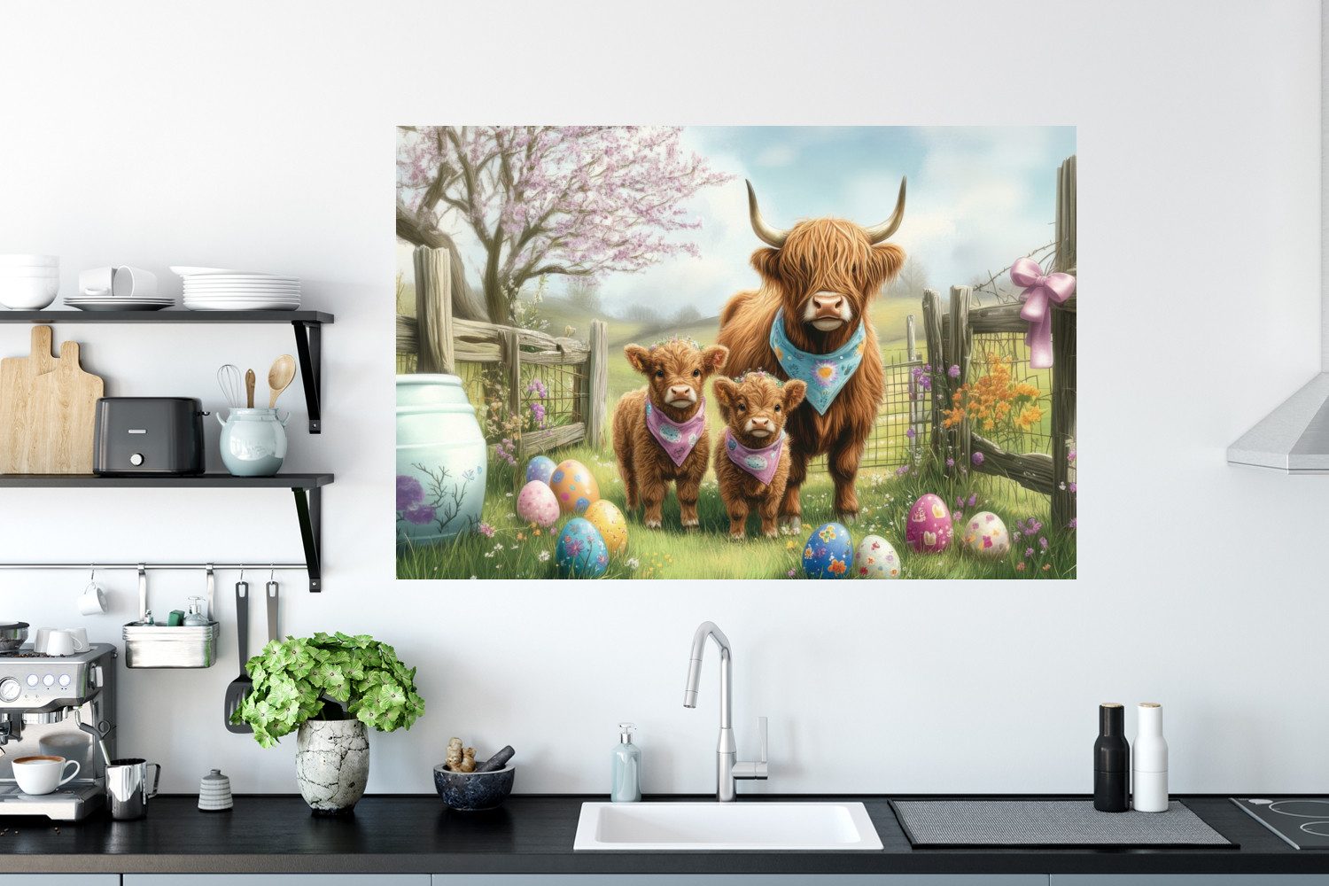 MuchoWow Wandsticker Schottische Highlander - Ostereier - Frühling (1 St), Wanddeko, Aufkleber, Wandtattoo, 120x80 cm