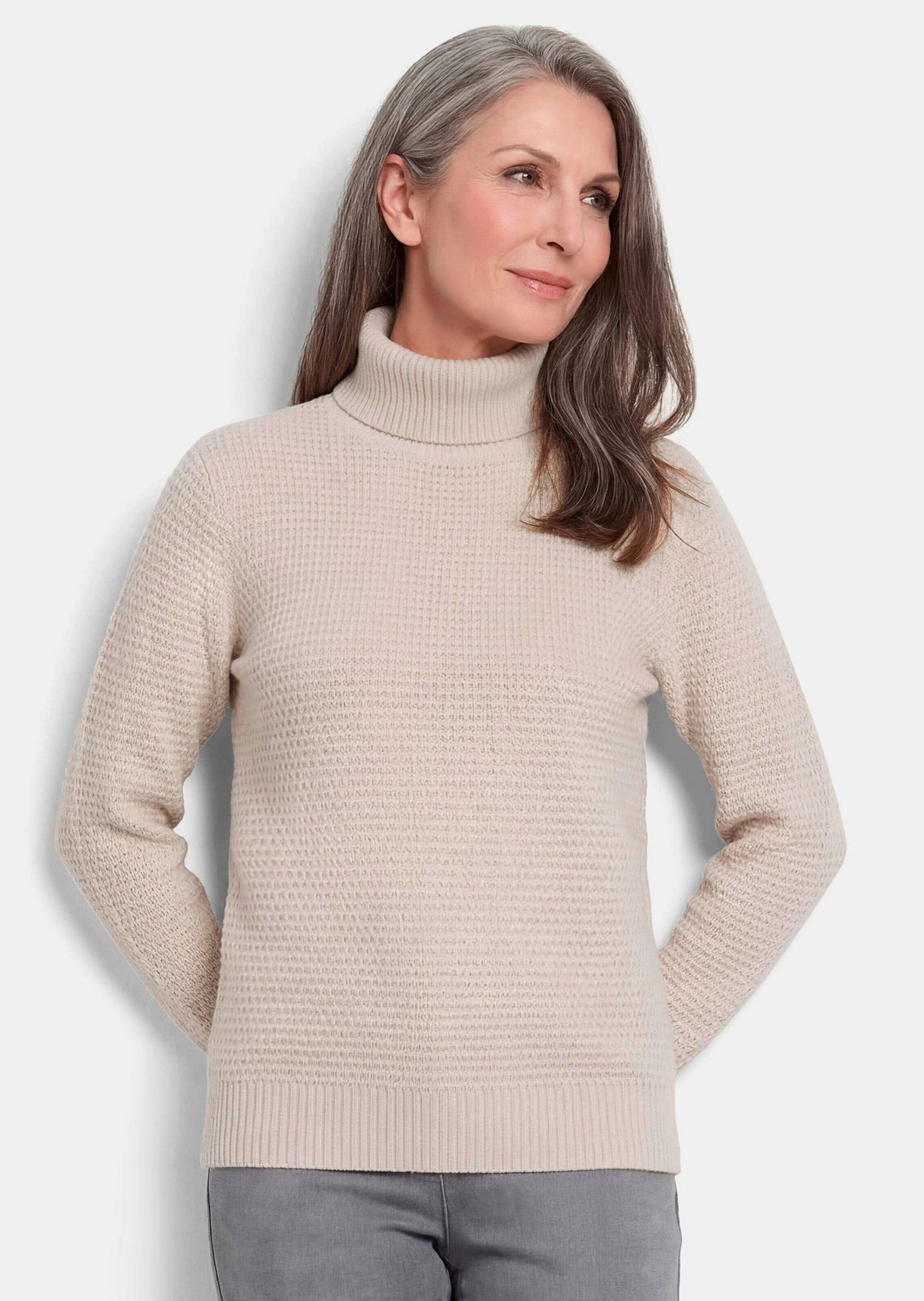 GOLDNER Rollkragenpullover Rollkragenpullover in Reiskornoptik Warmer Strickpullover mit Merinowolle und Rippenbündchen