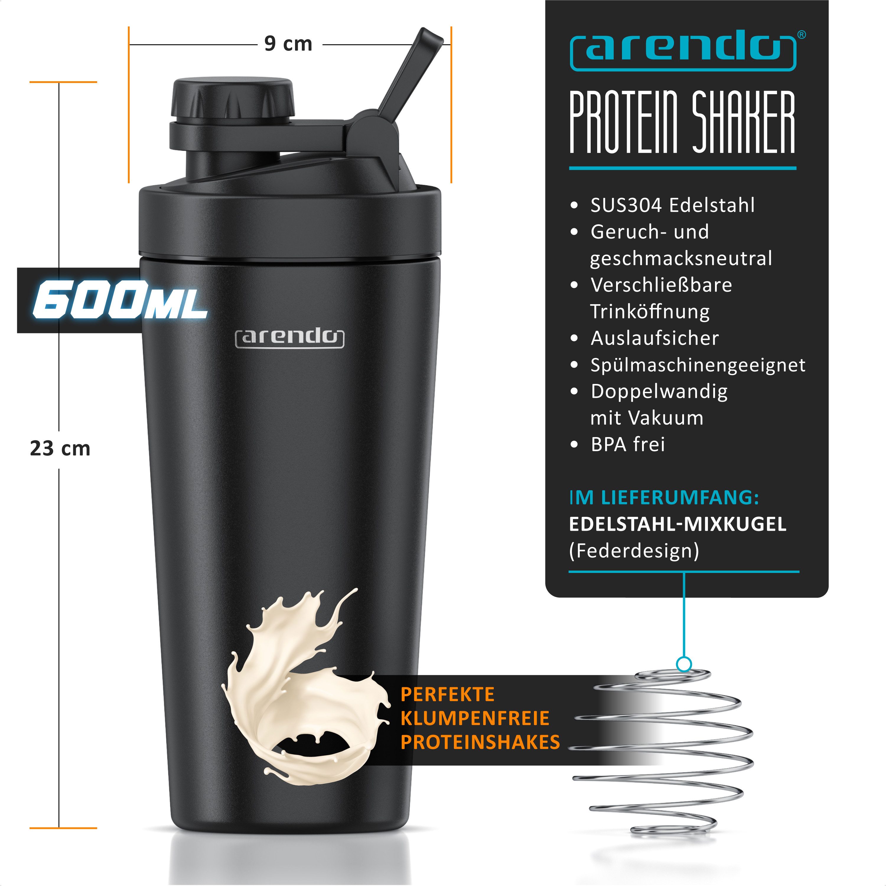Arendo Protein Shaker Edelstahl Eiweißshaker 600 ml, verschließbar, spülmaschinengeeignet, Edelstahl, (4-tlg), Eiweiß Mixbecher, BPA-frei, für unterwegs, Yoga, Fitness, Sport