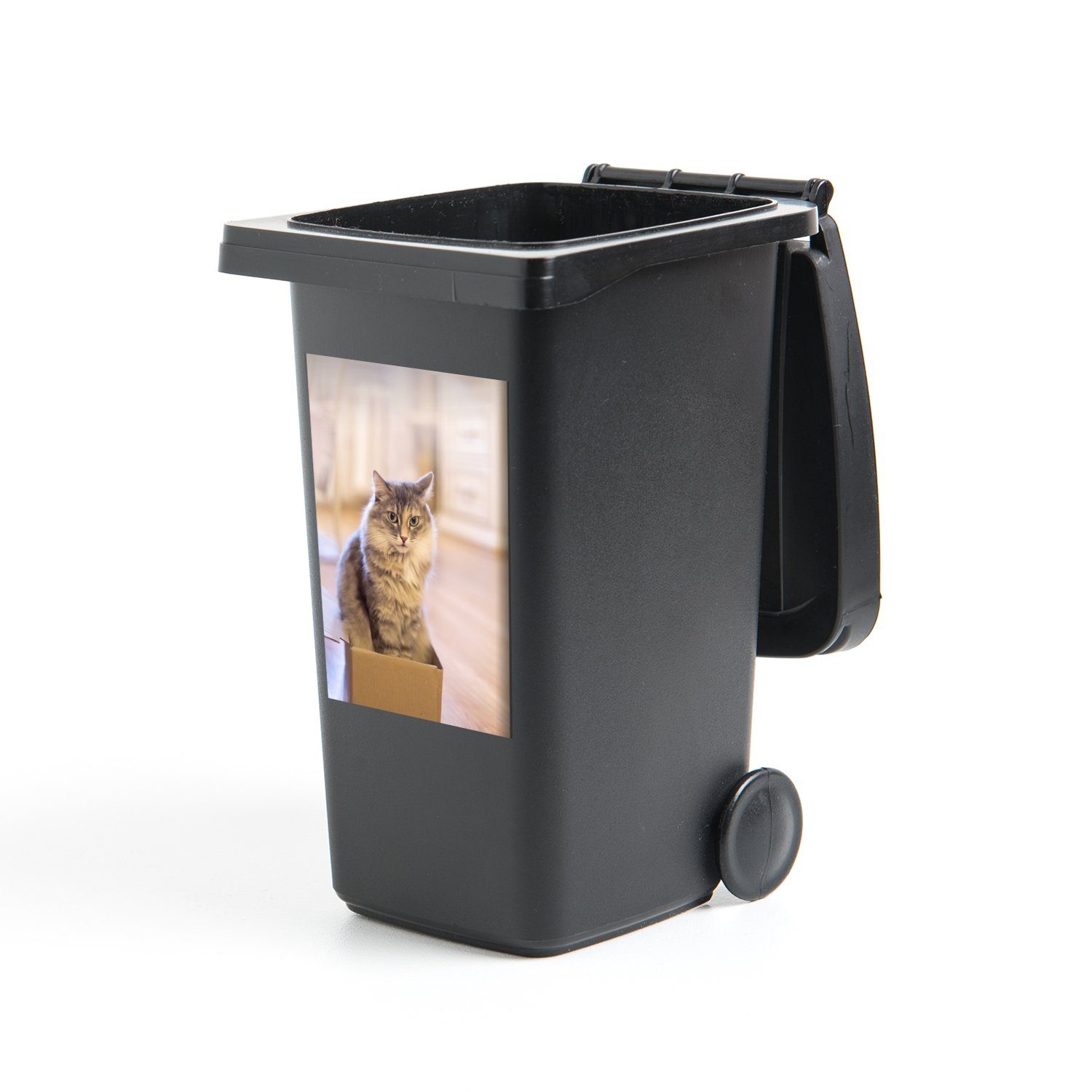 MuchoWow Wandsticker Niedliche Katze in kleiner Box (1 St), Mülleimer-aufkleber, Mülltonne, Sticker, Container, Abfalbehälter