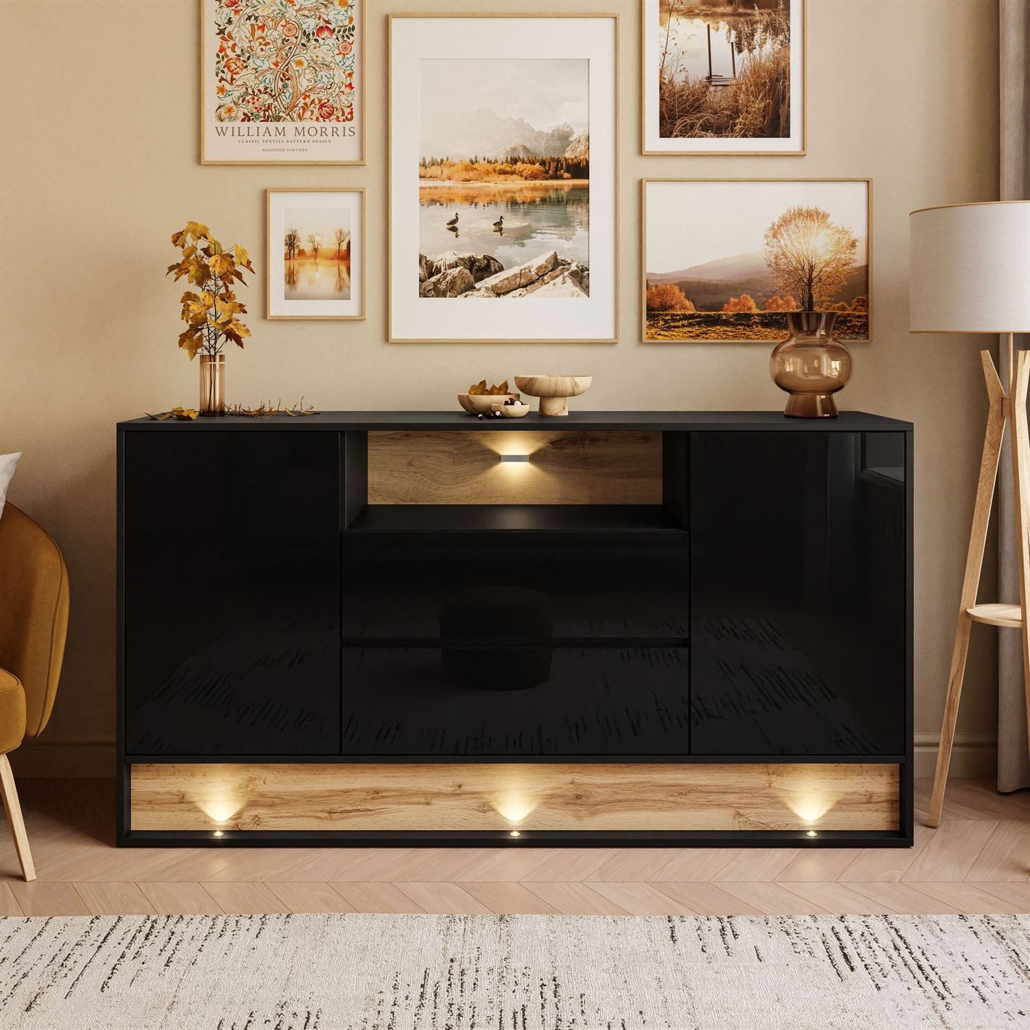 ALLHOUSE24 Kommode MILA 160 cm mit Einsatz aus Wotan Eiche Sideboard LED Beleuchtung (1x Kommode), Breite 160 cm