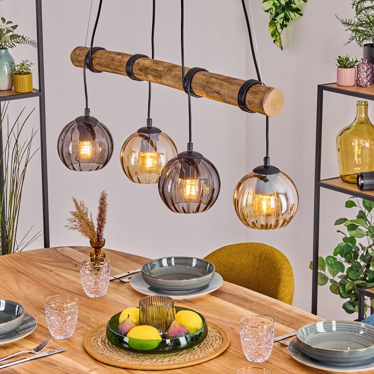 Pendelleuchte Hängelampe aus Metall/Holz/Riffelglas in Schwarz/Natur/Rauch/Bernstein