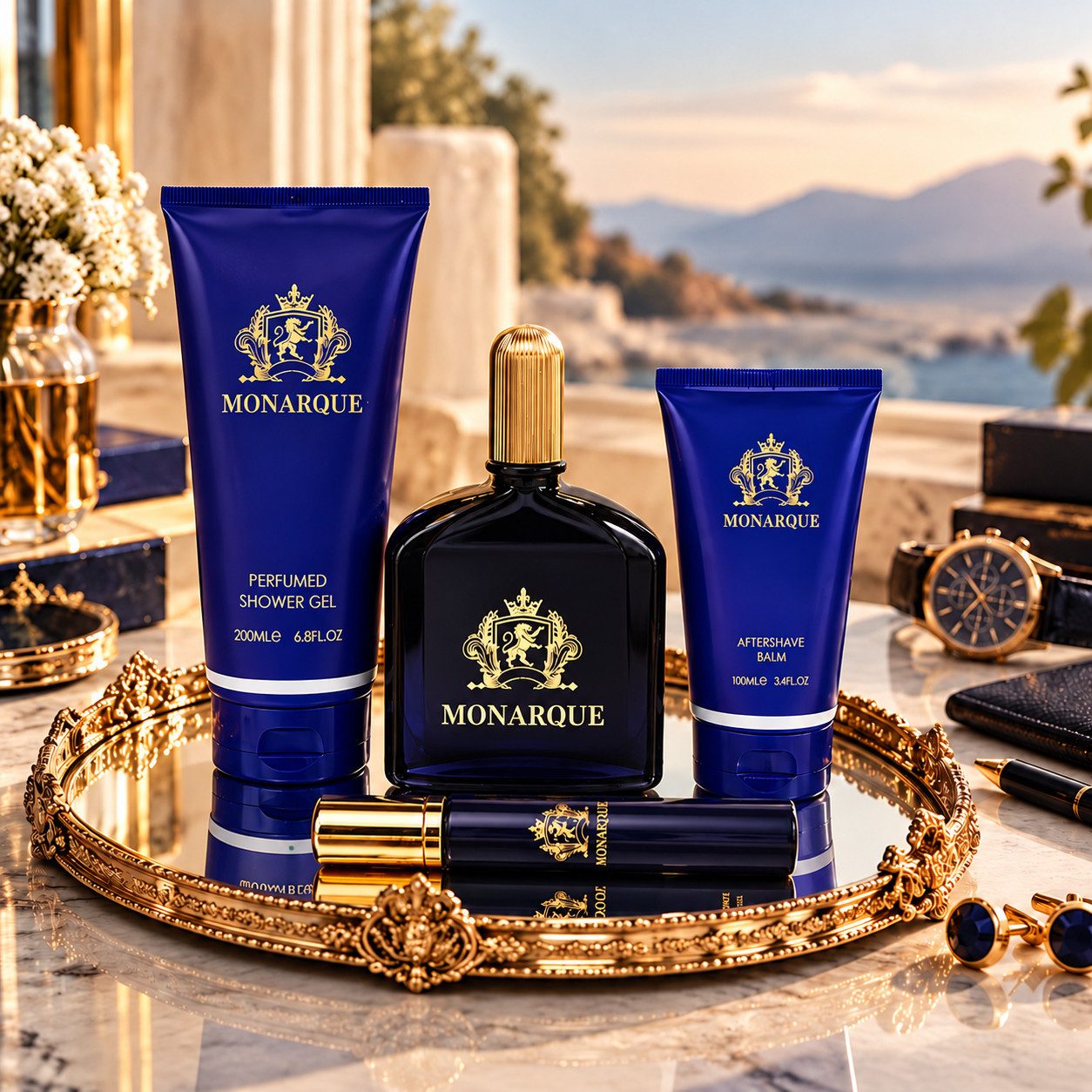 Fine Perfumery London Pflege-Geschenkset Monarque Pour Homme 4-tlg. Herren Duftset: EdP, Duschgel, Aftershave, 4-tlg., Hergestellt in UK, Geschenkset, Zitrisch  – Bild 3 von 5