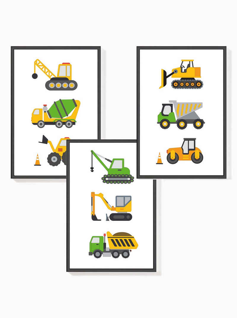 Himmelzucker Poster DIN A4 Wandbilder für Kinderzimmer Babyzimmer Bagger Lastwagen Bilder, Baustellenfahrzeuge (3-teiliges Poster-Set, 3 St), Kinderposter für Junge Mädchen (DIN A4 ohne Rahmen)