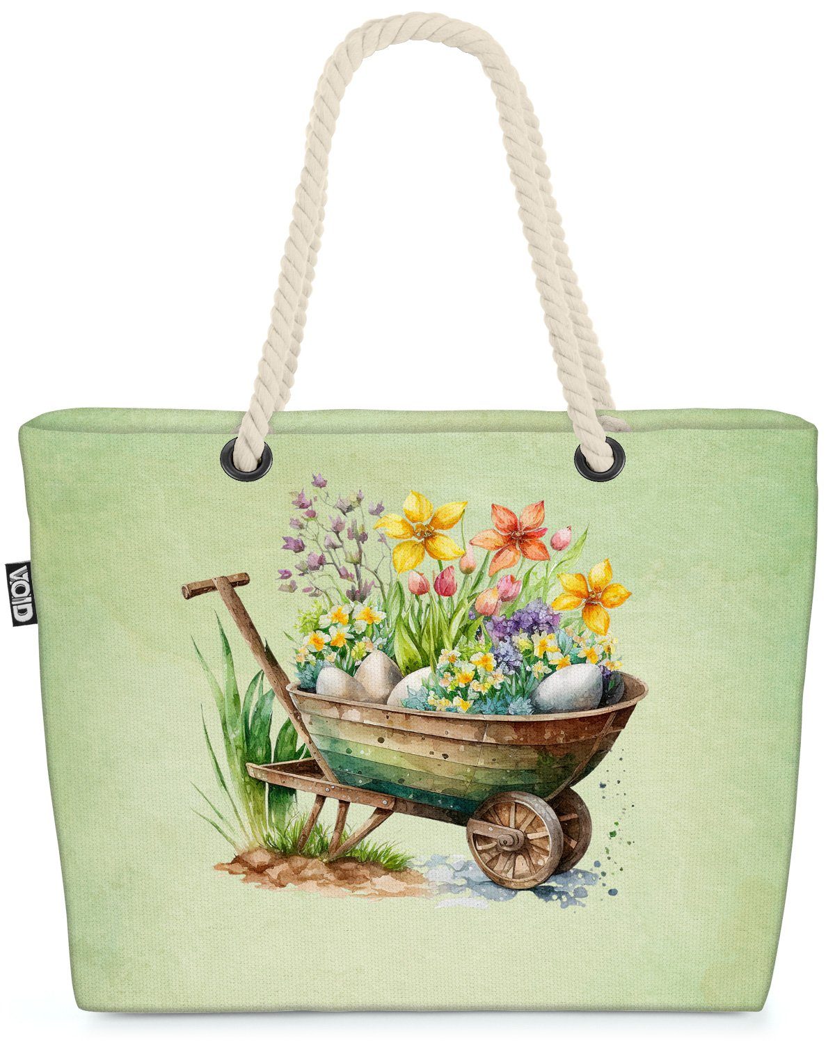 VOID Strandtasche (1-tlg), Schubkarre Blumen Frühling Tasche Einkaufstasche Ostern Beach Bag | Strandtaschen