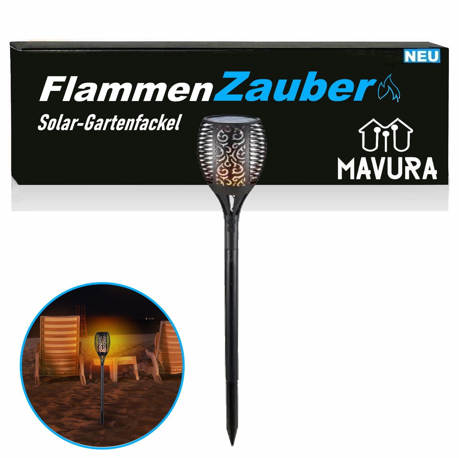 MAVURA Gartenfackel FlammenZauber Gartenflamme flackernde Solar LED, LED fest integriert, Gartenleuchte Flammenlampe Flammenlicht Fackeln, Gartenlicht Gartenlampe Solarlampe