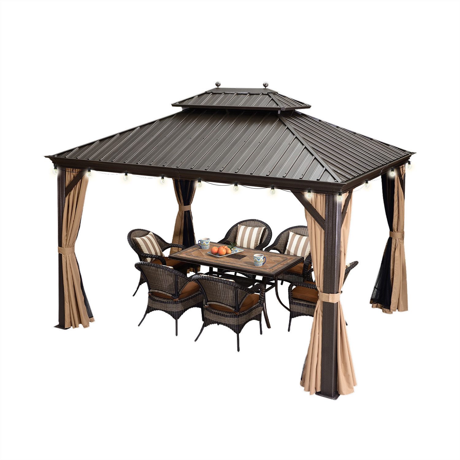 PURPLE LEAF Pavillon Hardtop Alu Gartenpavillon mit Seitenteilen und LED-Beleuchtung, Winterfester und wasserdichter Pavillon